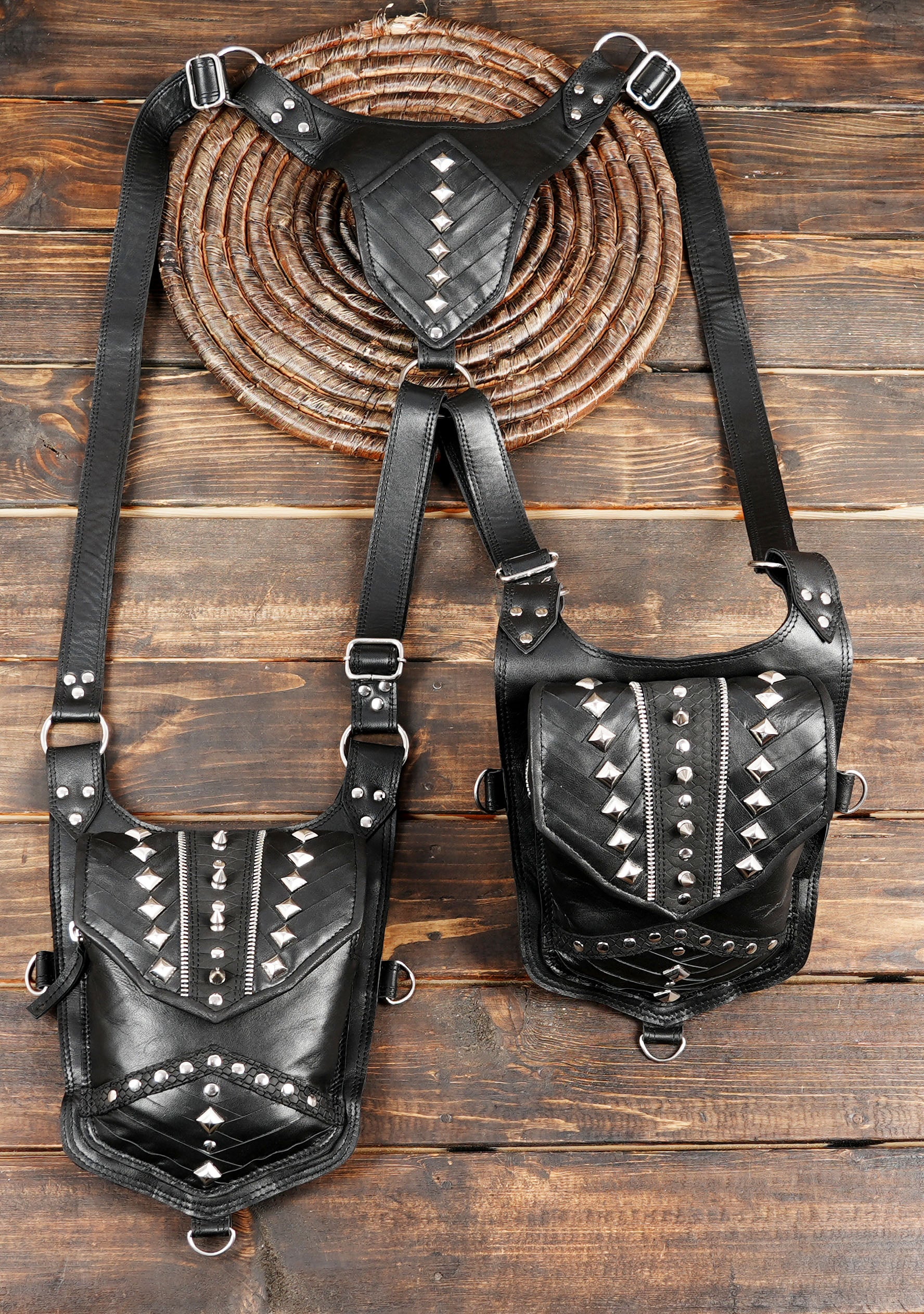 Black harness holster with reinforced stitching and metal hardware