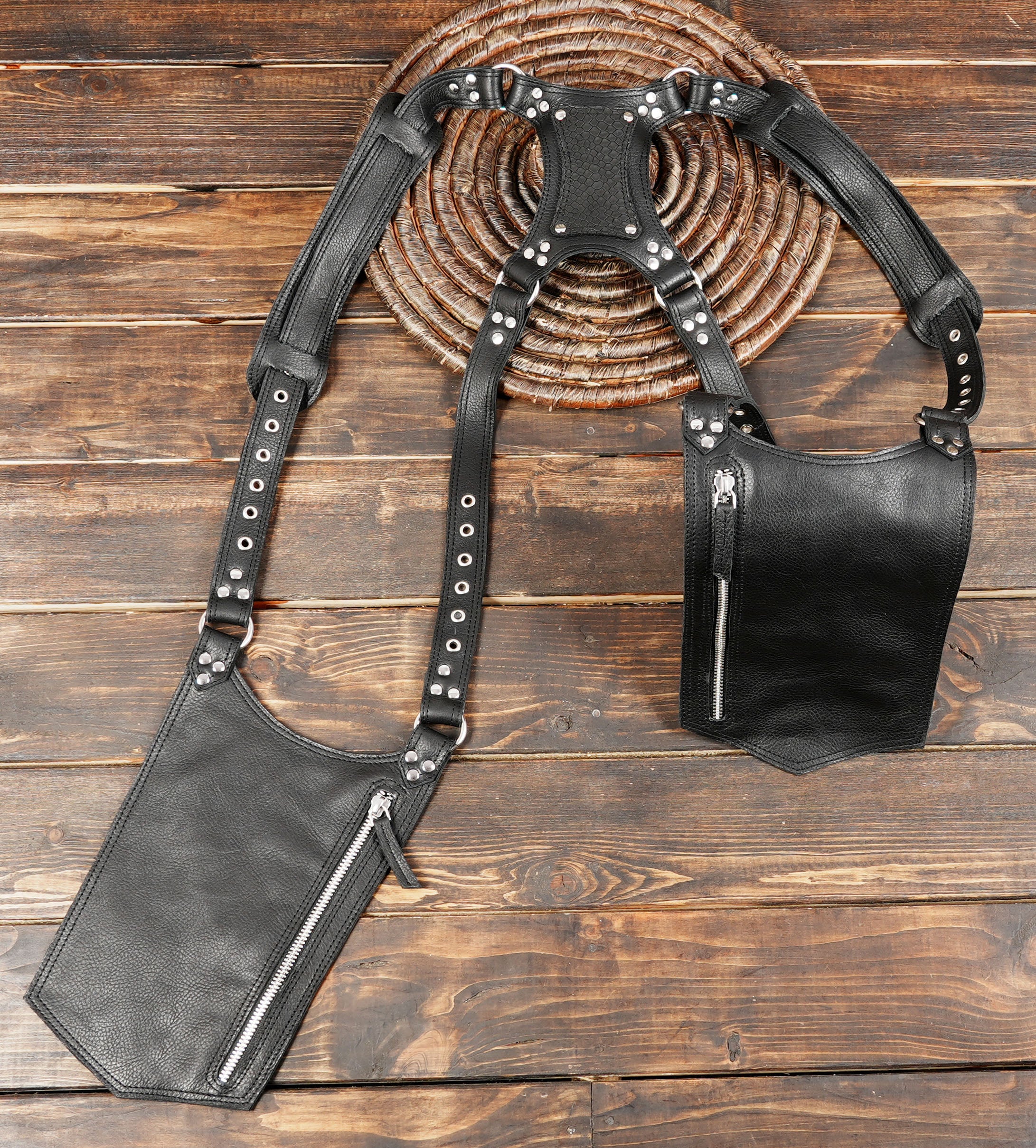 Black leather utility holster with adjustable straps