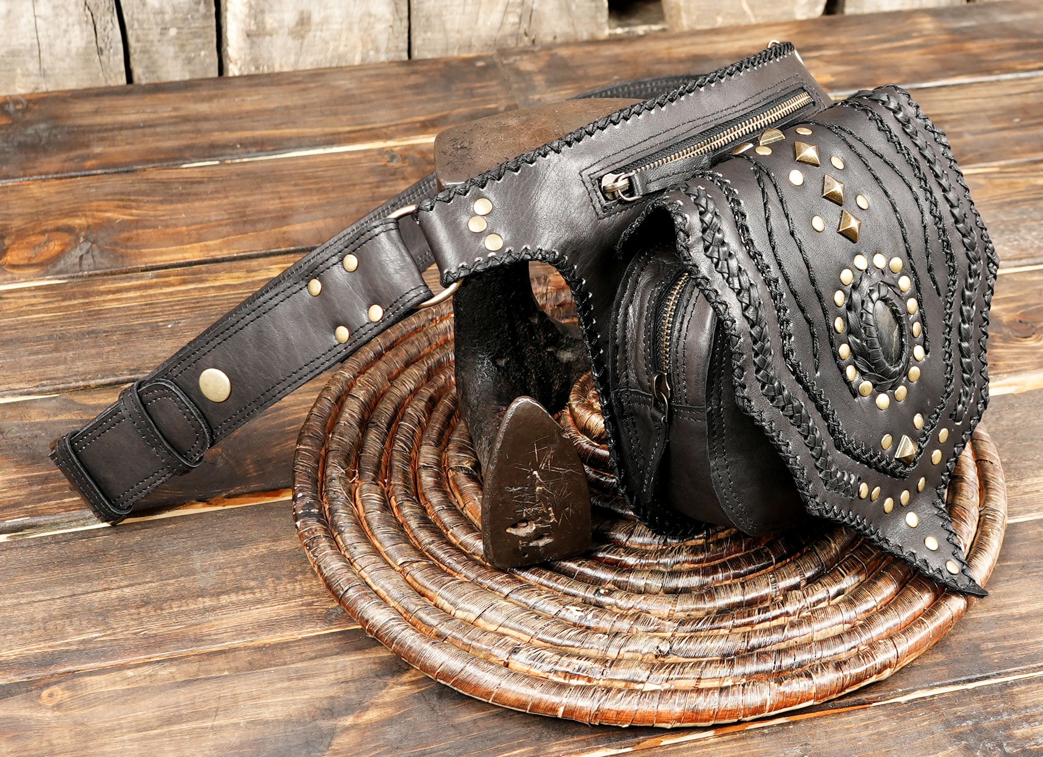 Black bohemian leather belt bag with gemstone in front