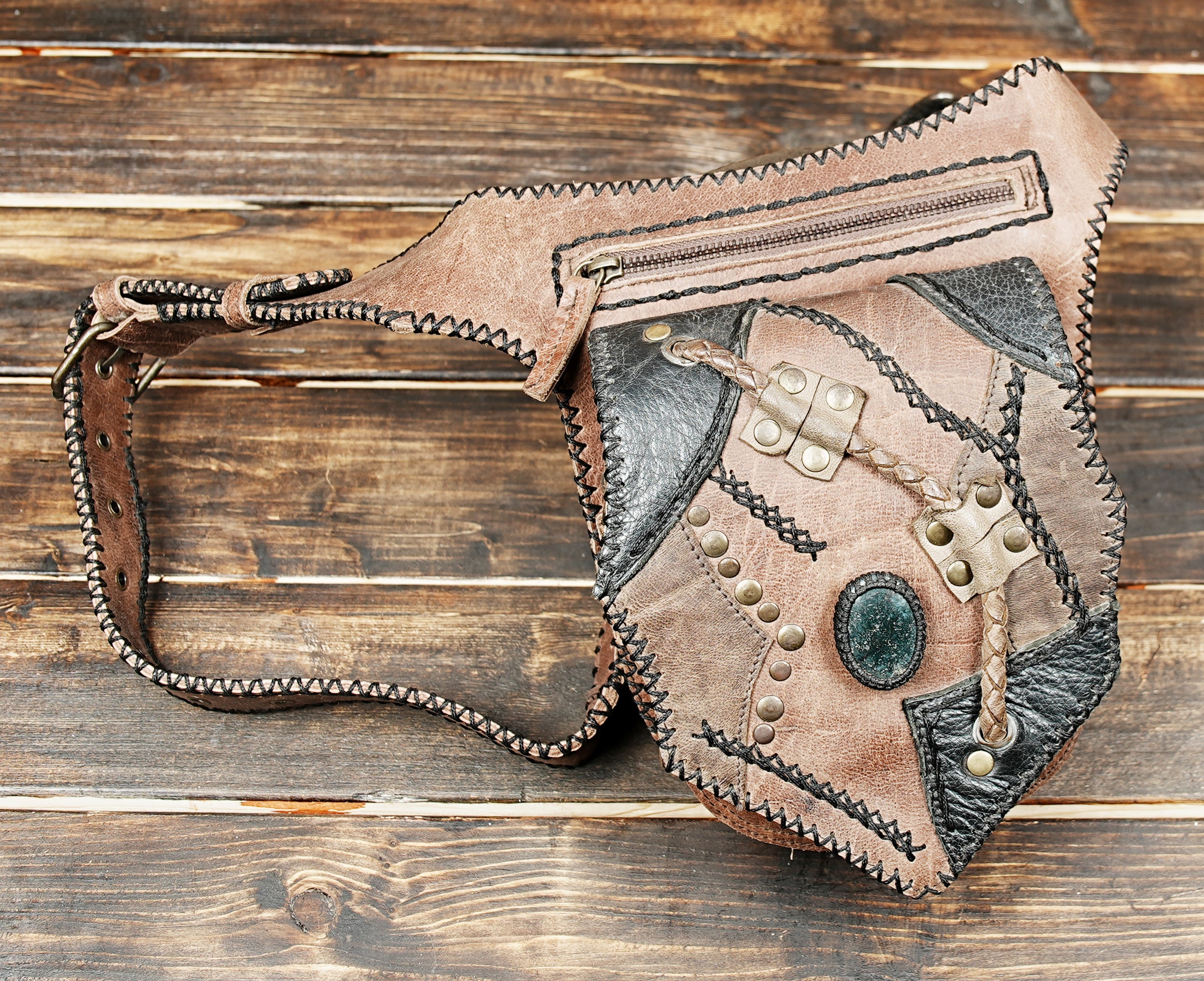 Handmade leather fanny pack with stone embellishment and boho design