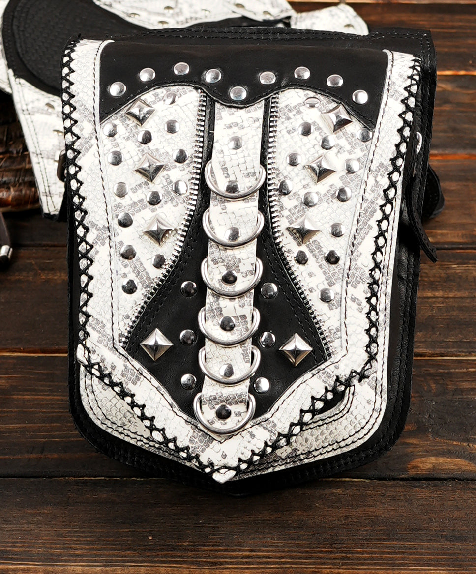 Festival-ready leather holster bag with bold metal design