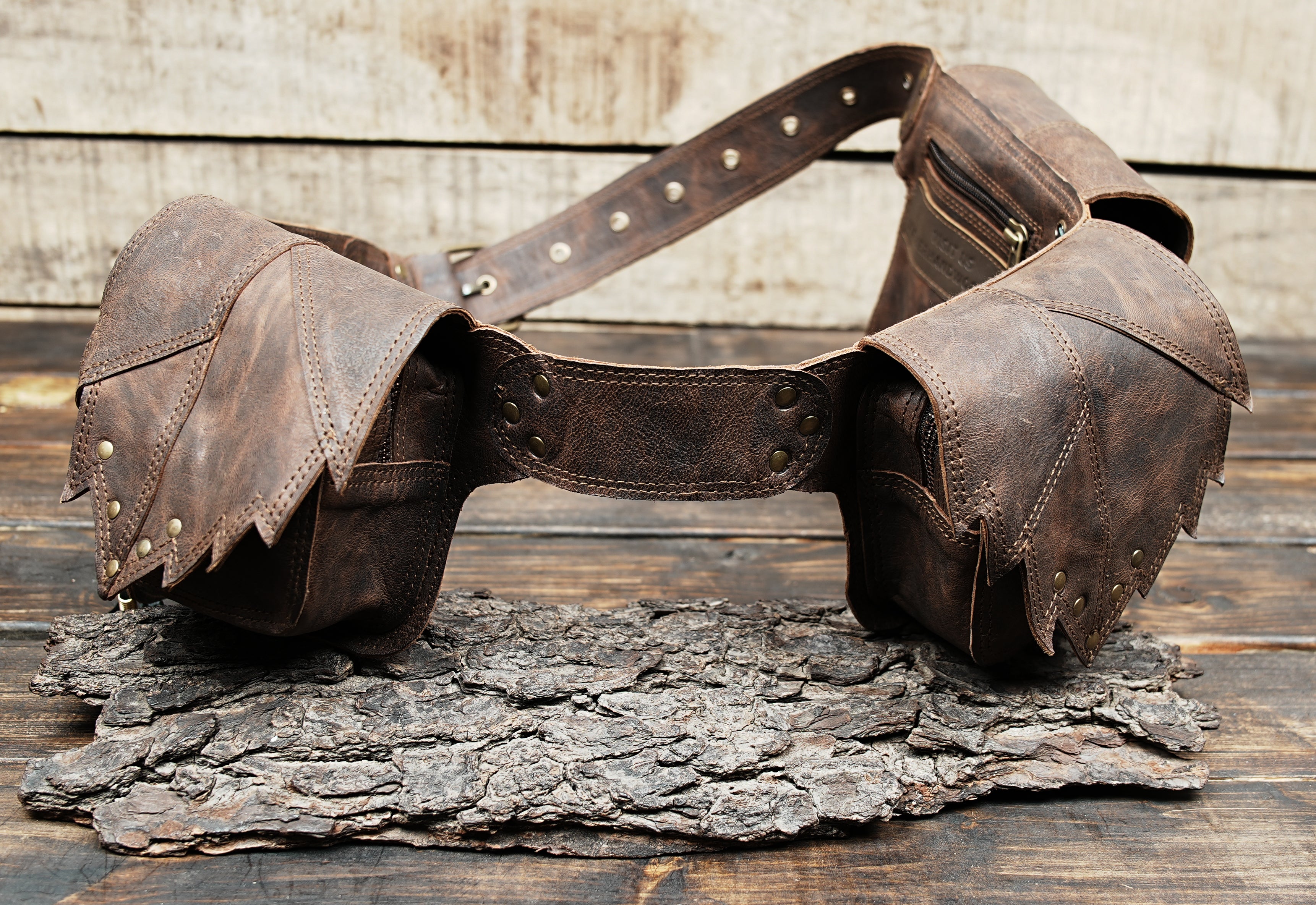 Bohemian leather utility belt with decorative stitching