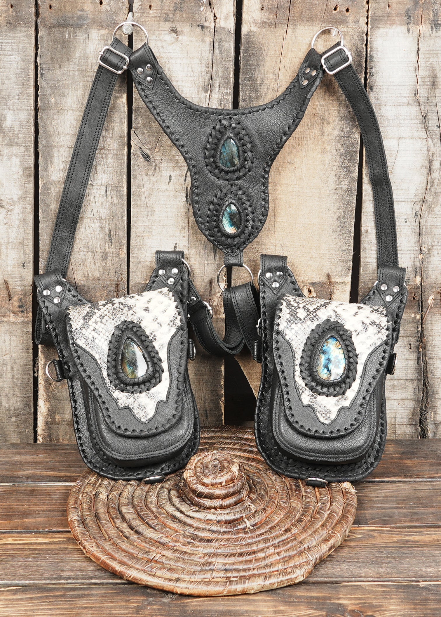 Dark fantasy dual pocket leather holster with decorative stones
