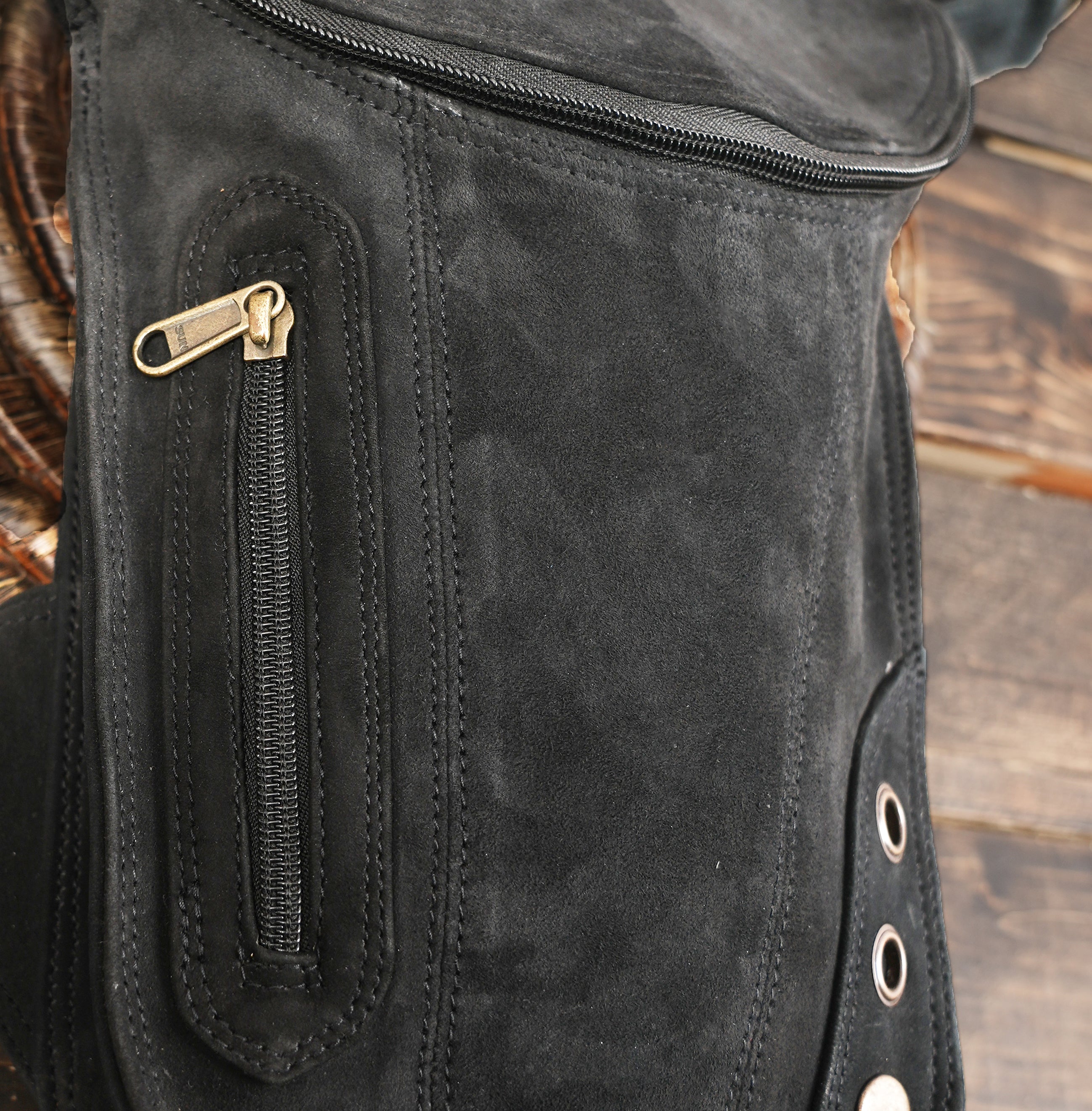 Black suede leather thigh belt bag with zippered storage