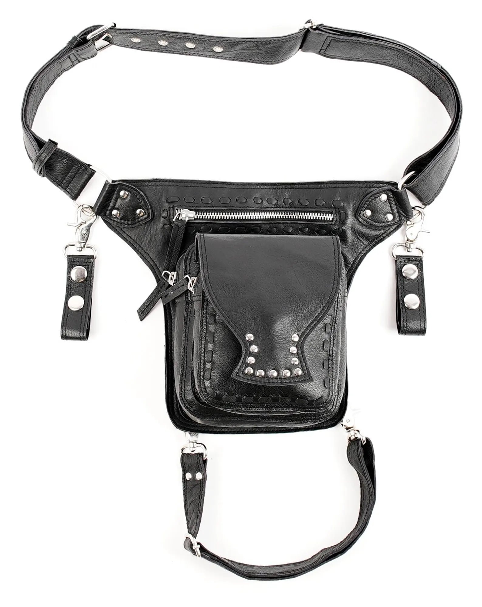 Black Leather Motorcycle Leg Bag with Studded Pocket and Adjustable Strap