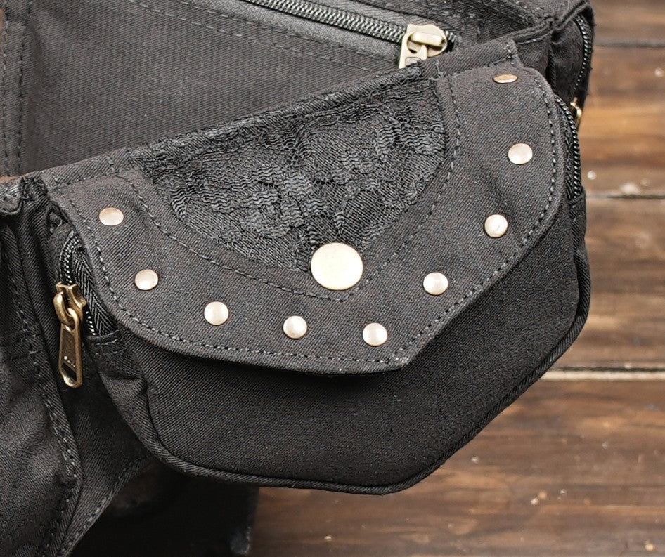 Hands-free festival waist pack with metal D-rings and adjustable eyelet belt