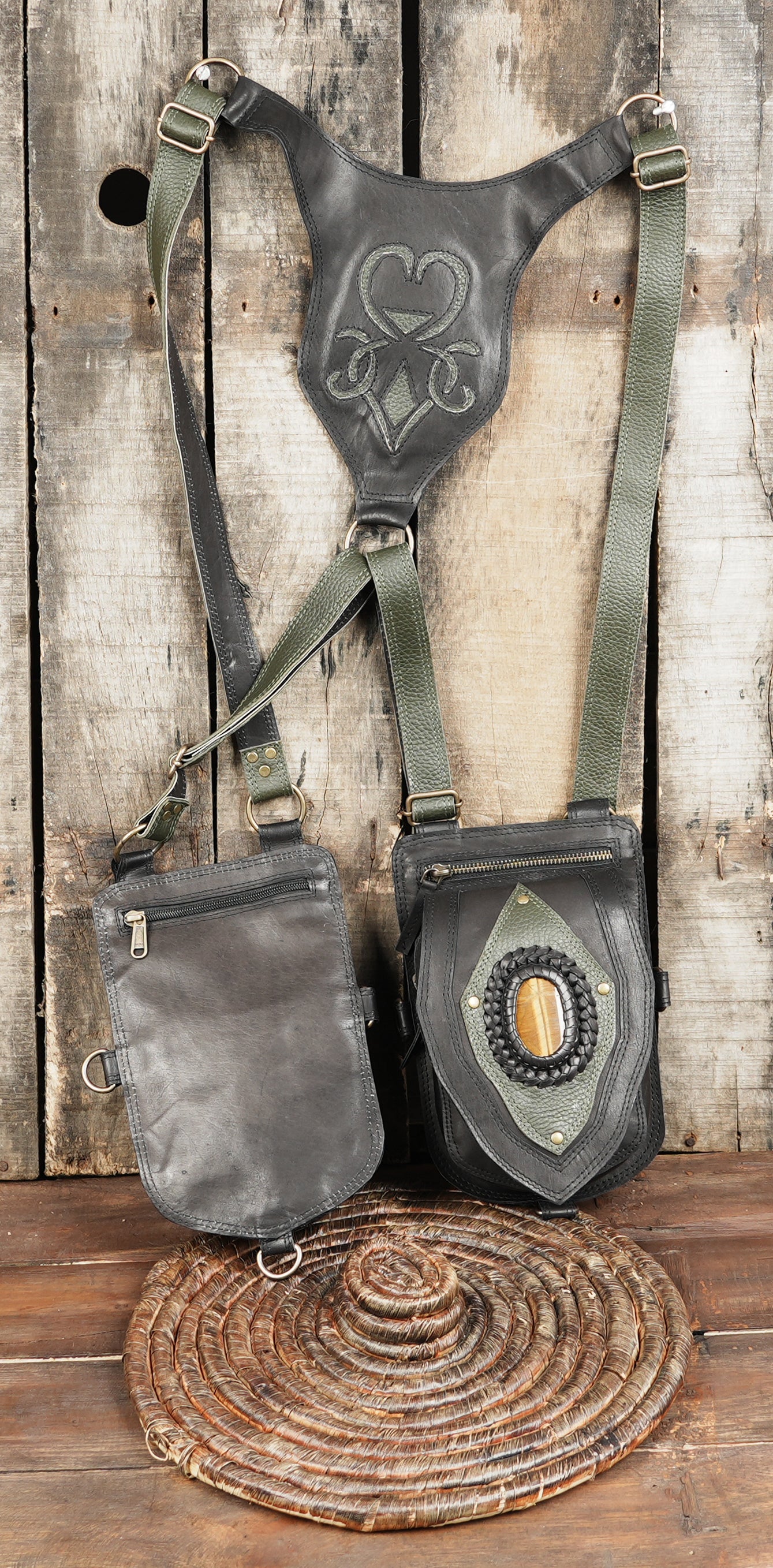 Handmade harness holster with gemstone centerpiece and sturdy hardware