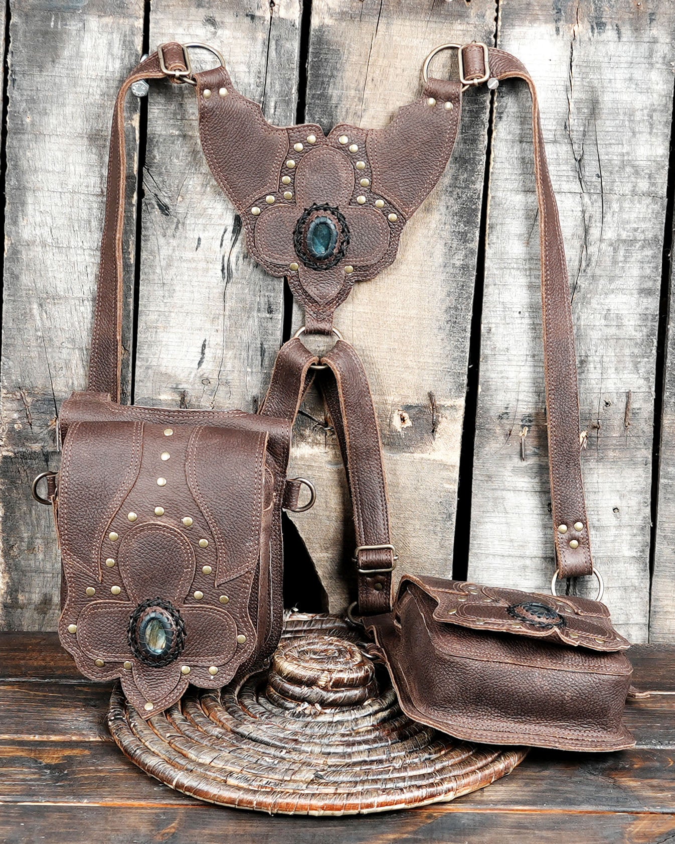 Handmade Leather Double Pouch Holster with Gemstone Accents || Boho Leather Holster with Gemstone Inlay Details  (LT-AB-HLS-6030)