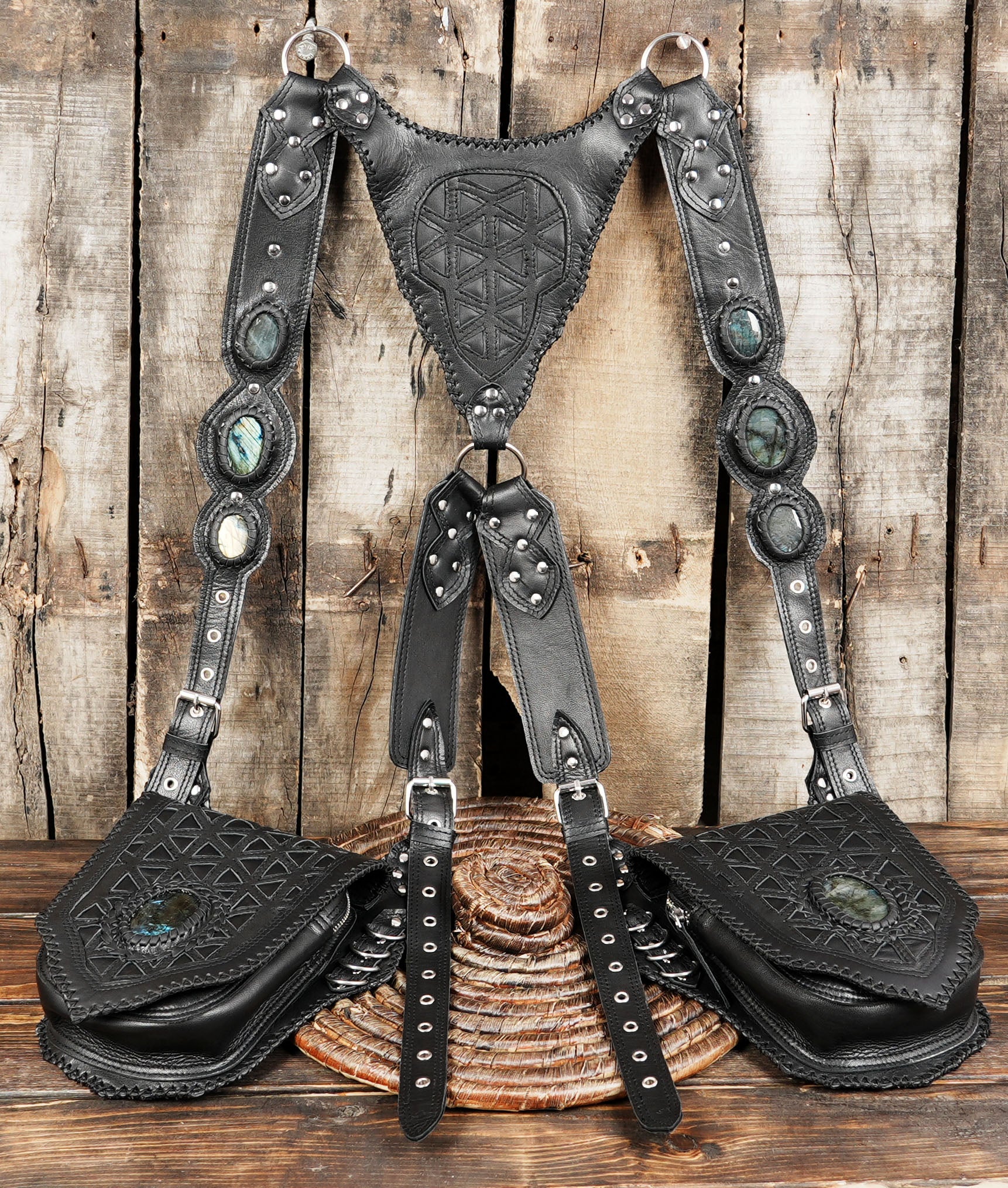 Handmade Tribal Leather Holster with Gemstone Pouches || Unisex Leather Belt Holster with Gem-Embellished Pouches(LT-NS-HLS-6029)