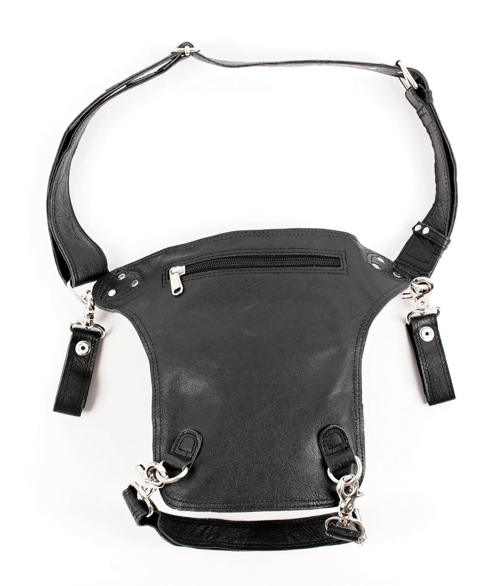 Handmade Leather Leg Bag Holster with Utility Pouch and Silver Hardware