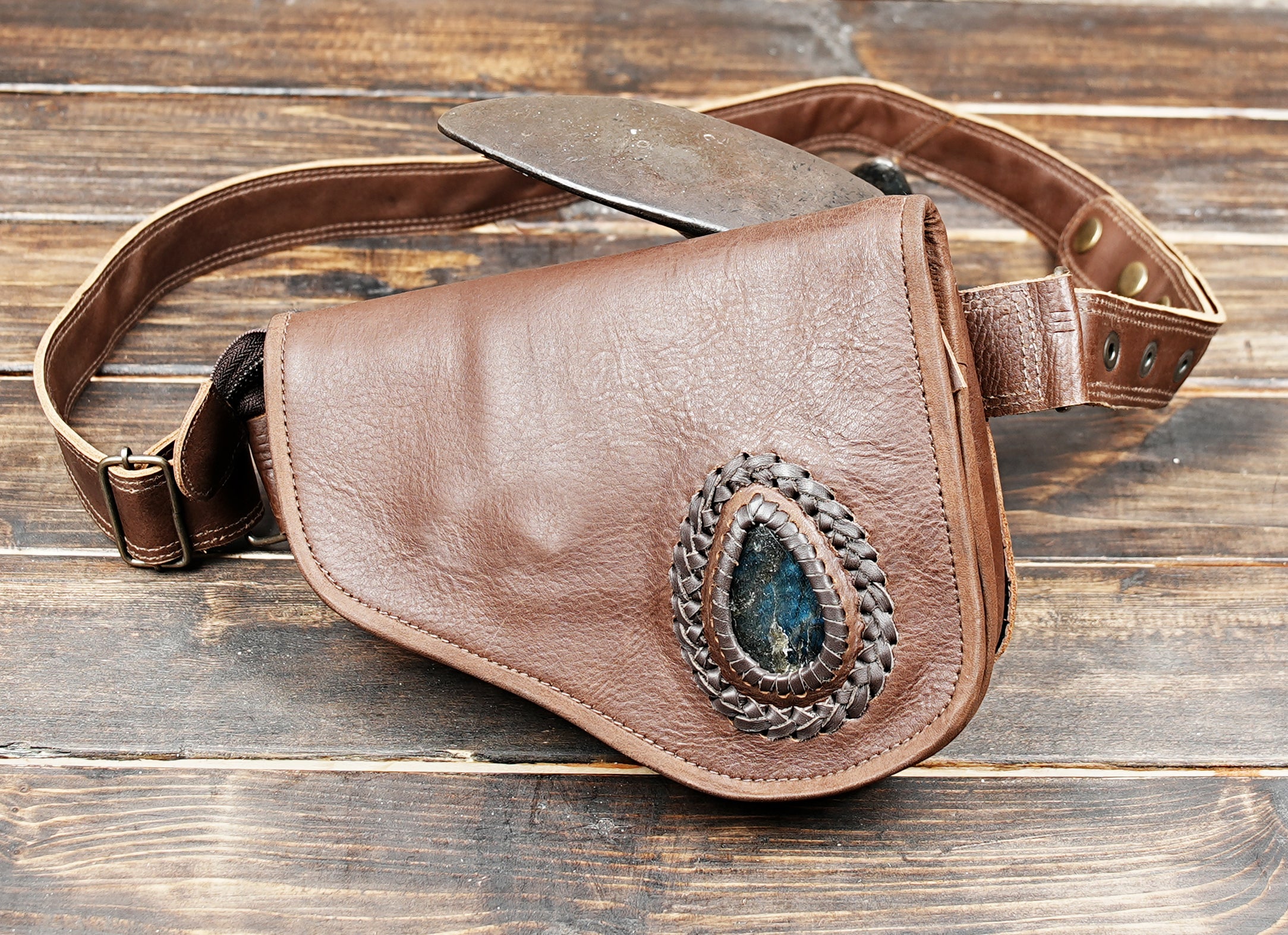 Adjustable strap leather hip bag with blue stone decoration