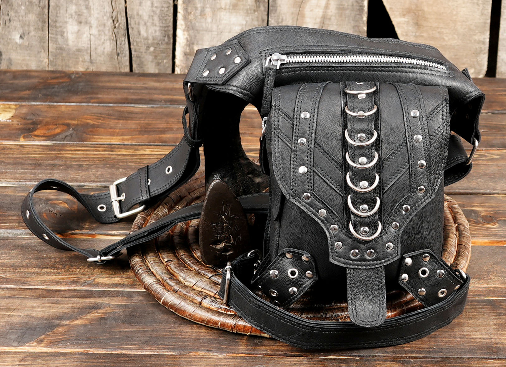 Leather Biker Hip Bag - Motorcycle Leg Bag for Men - Crossbody Sling Bag - Hip Holster Moto Bags - Burning Man Festival Bag with unique style 