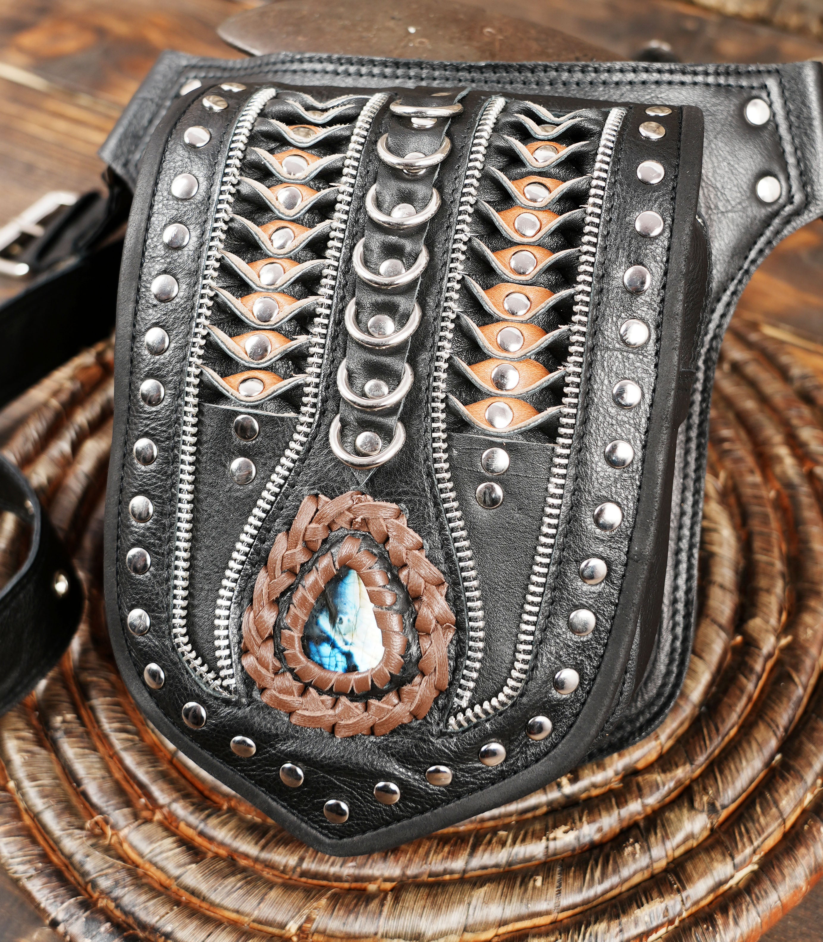 Handmade Black Leather Waist Belt with Blue Labradorite Gemstone Accent || Festival Utility Belt, Boho Hip Pouch (LT-NS-WB-6042)