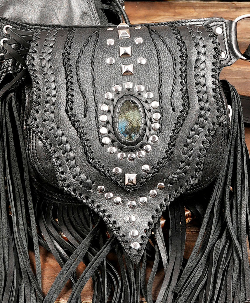 Rock Style Leather Fringe Bag – Black & Silver Handmade Shoulder Bag With Studs  and gemstone 