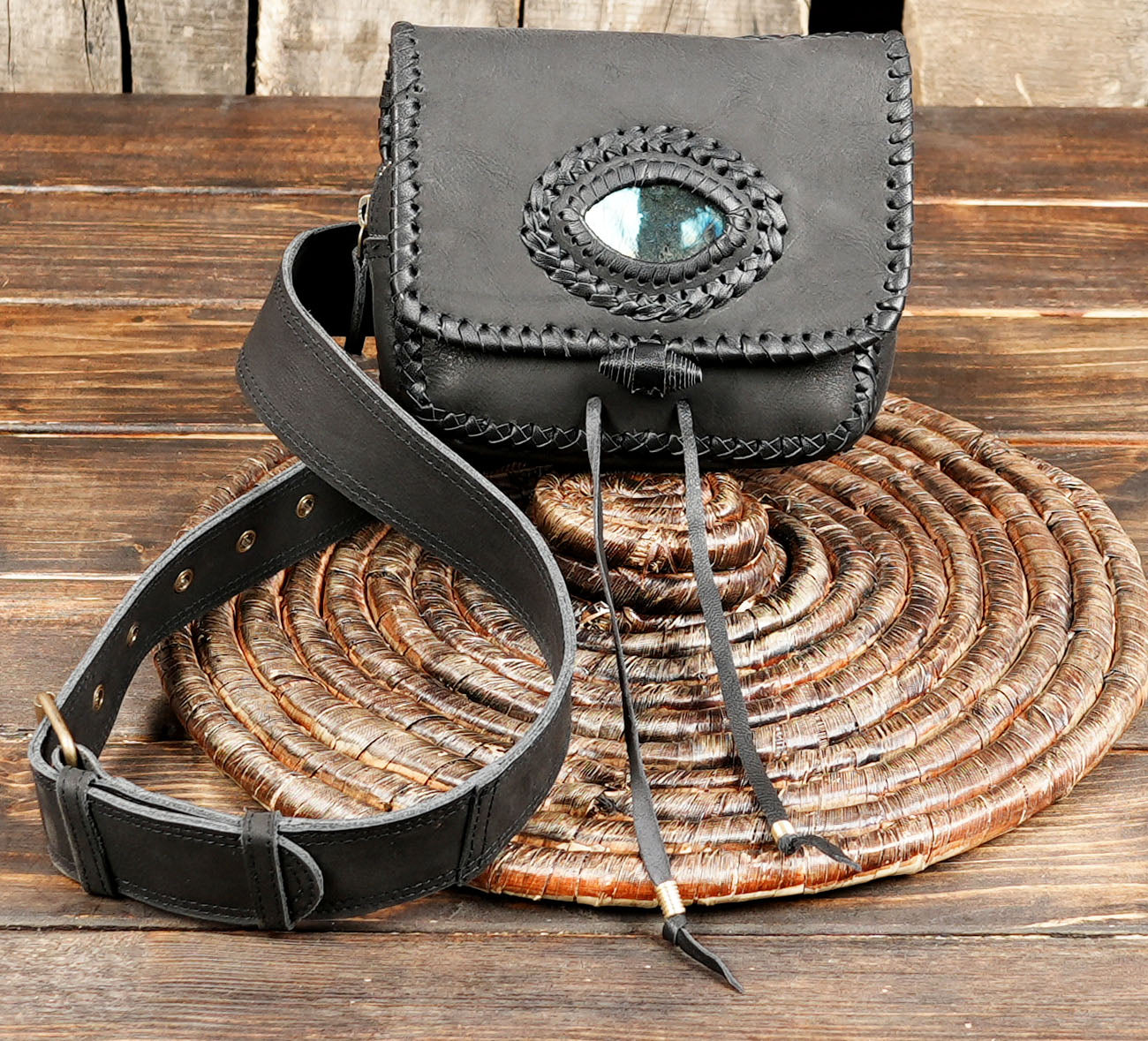 Handmade Black Leather Waist Belt with Labradorite Stone (LT-AB-WB-6163)