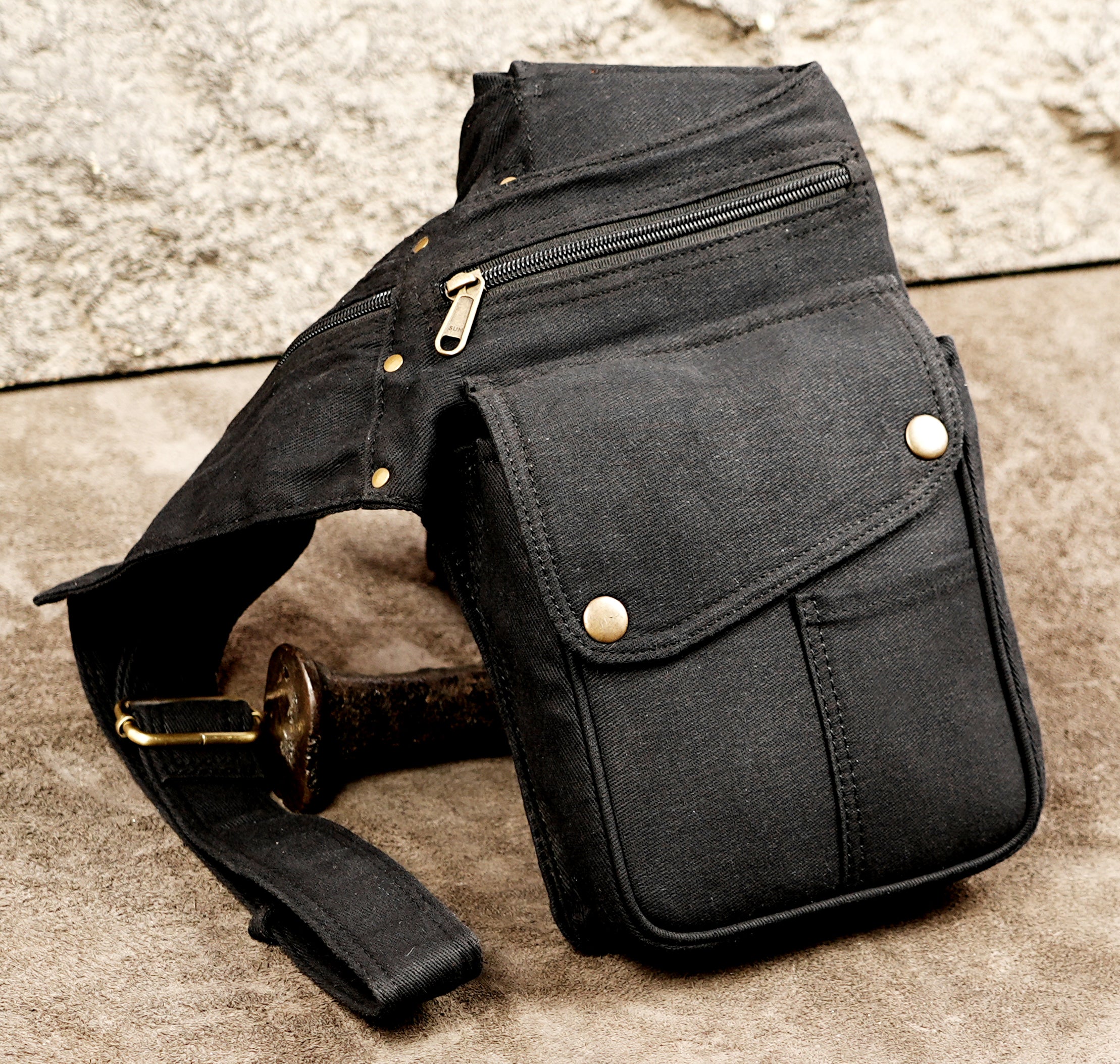 Unisex black canvas fanny pack for festivals and travel