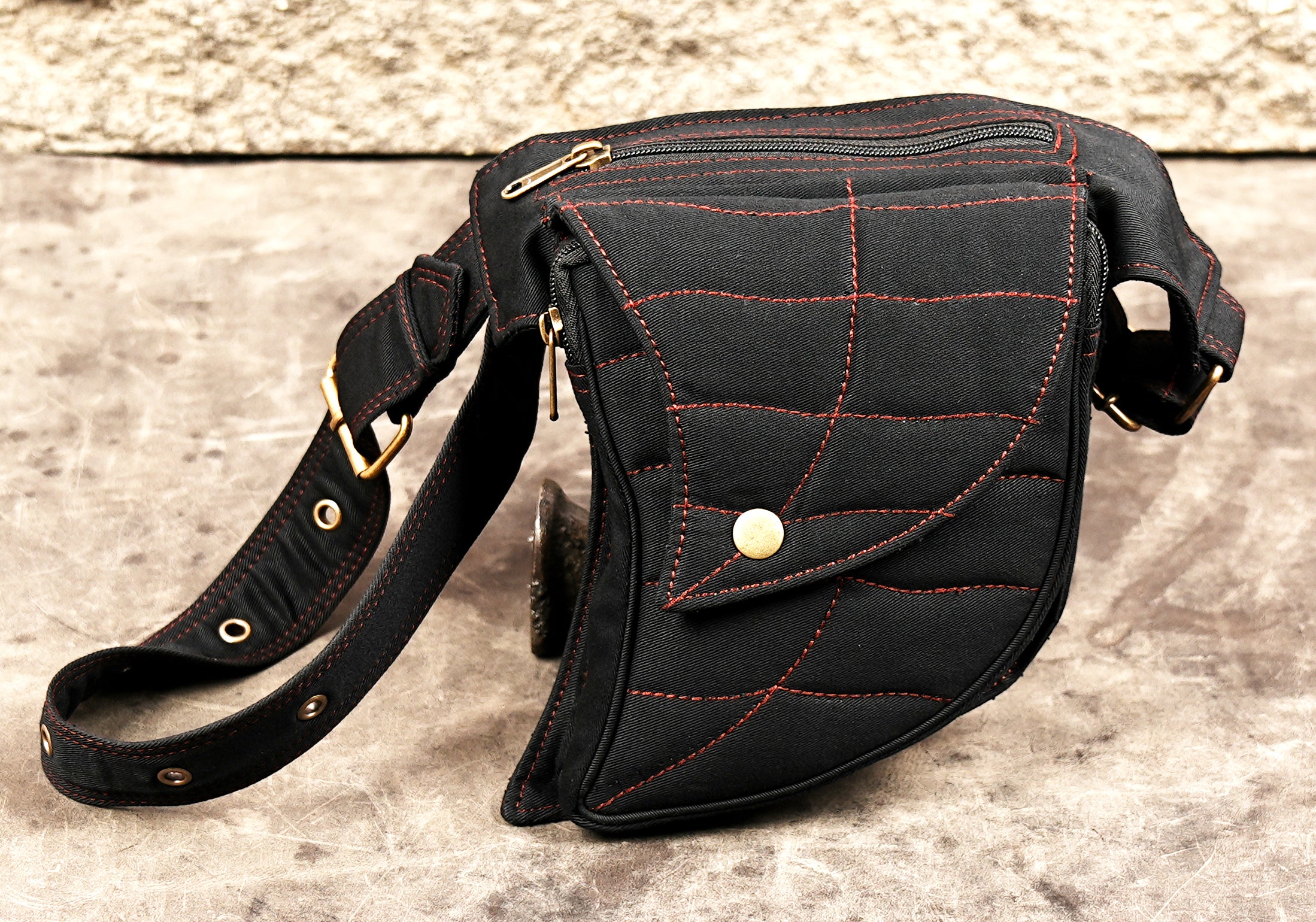 Compact unisex canvas waist pack with snap button flap and zipper closure