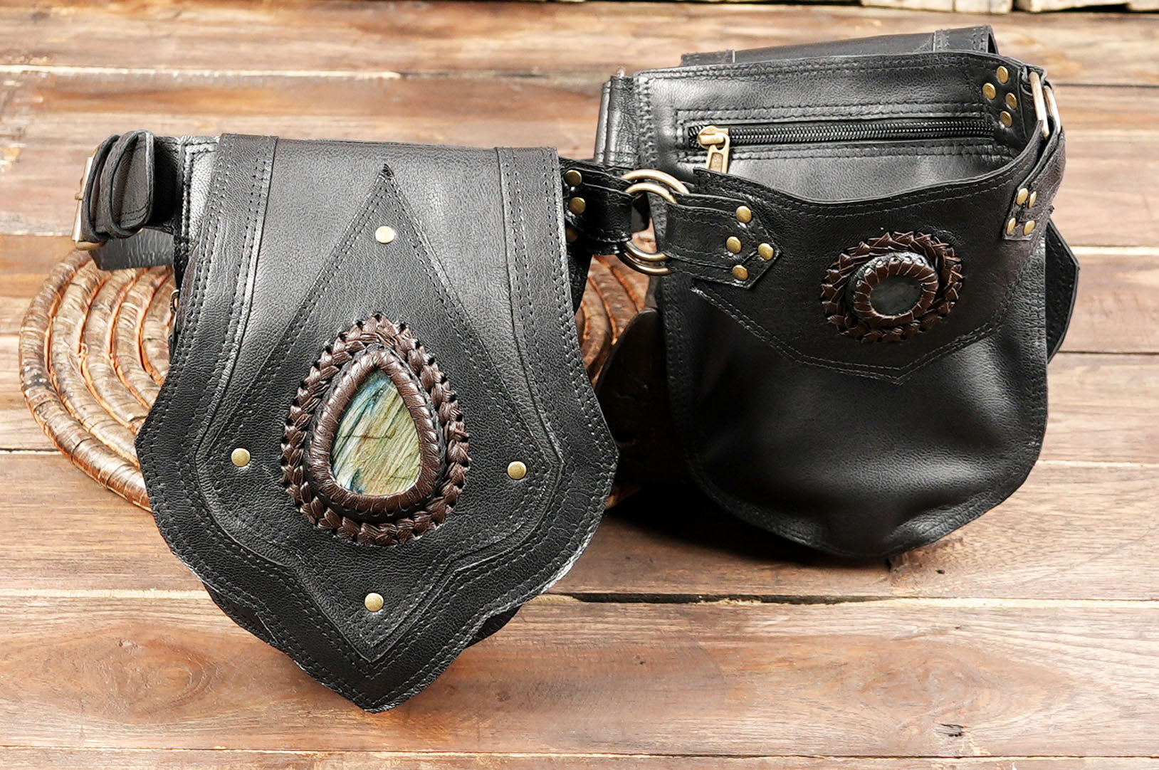 Festival fashion leather utility belt with storage pockets