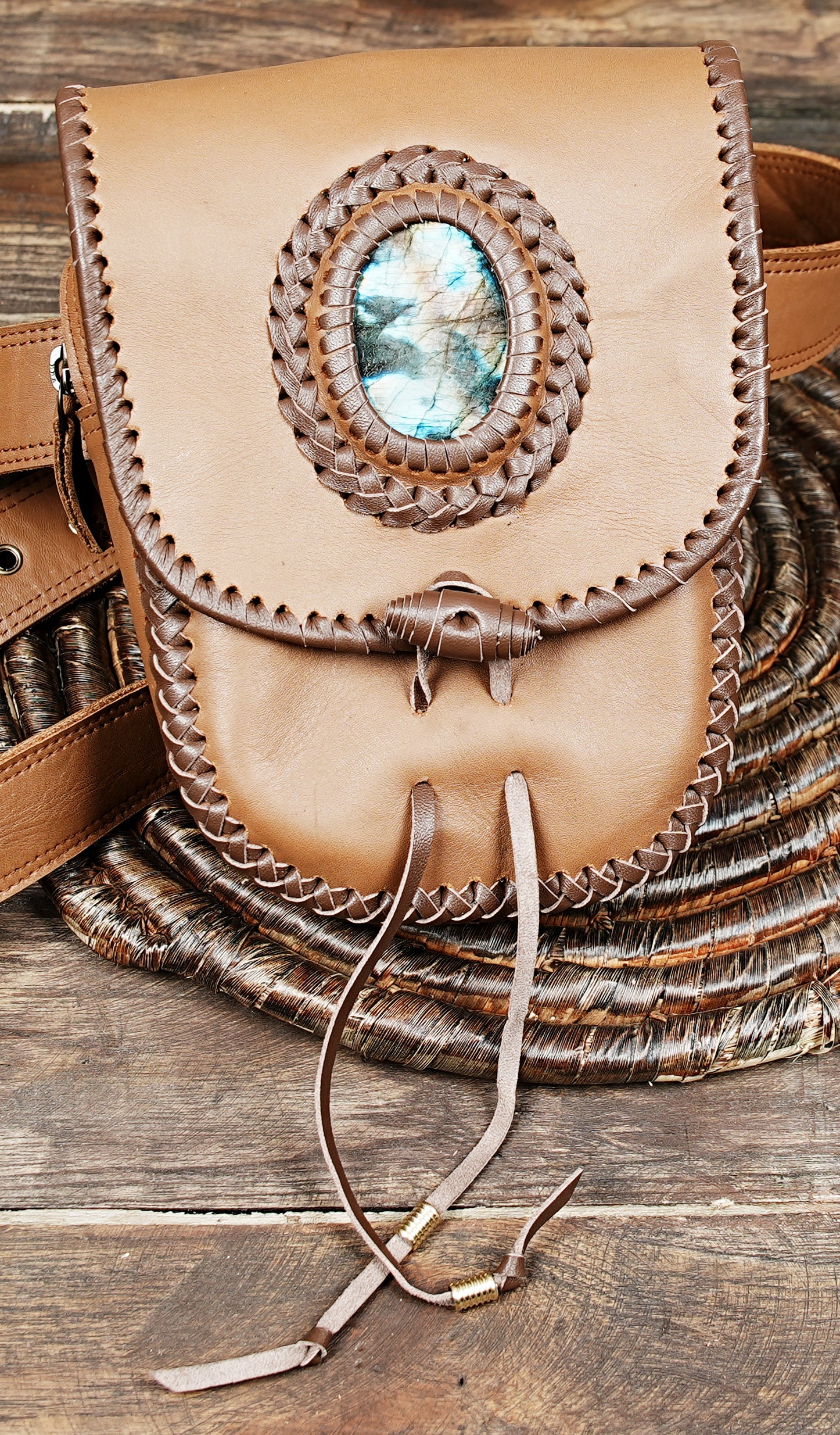 Genuine Leather Waist Belt Pouch with Decorative Stone || Handmade Brown Leather Waist Belt Bag for Daily Use (LT-AB-WB-6135)