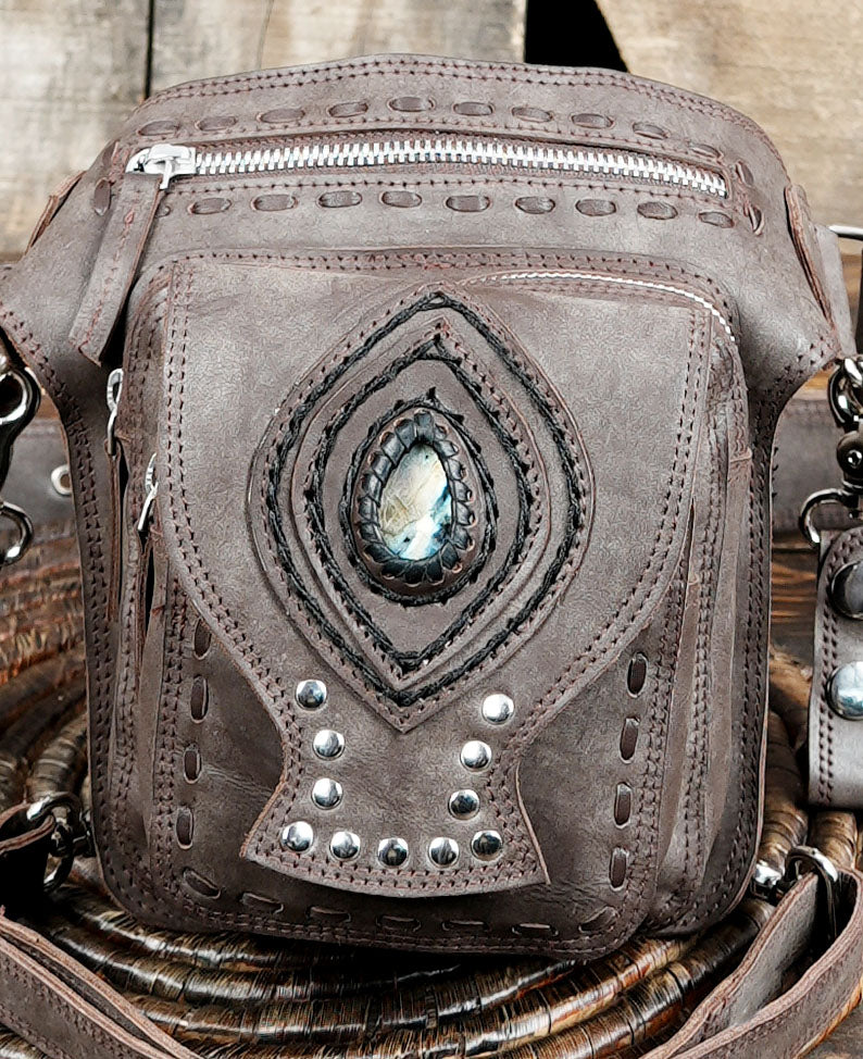 leather utility belt pouch with real gems stone