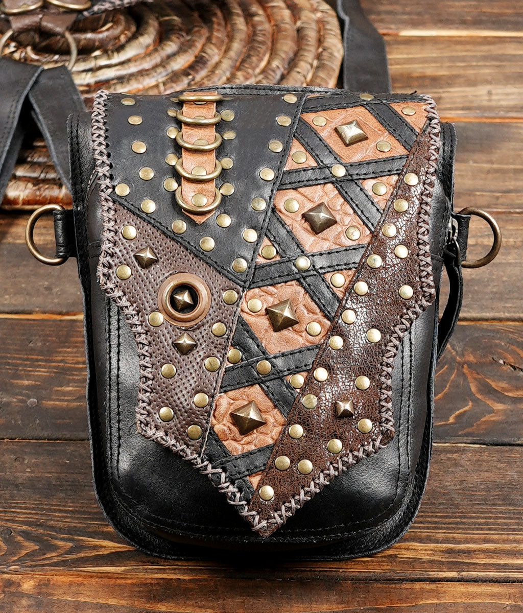 Leather Holster Bag, Man Leather Holster Belt, Utility Harness, Festival Belt, Pocket Holster with metal steel star and pouches 