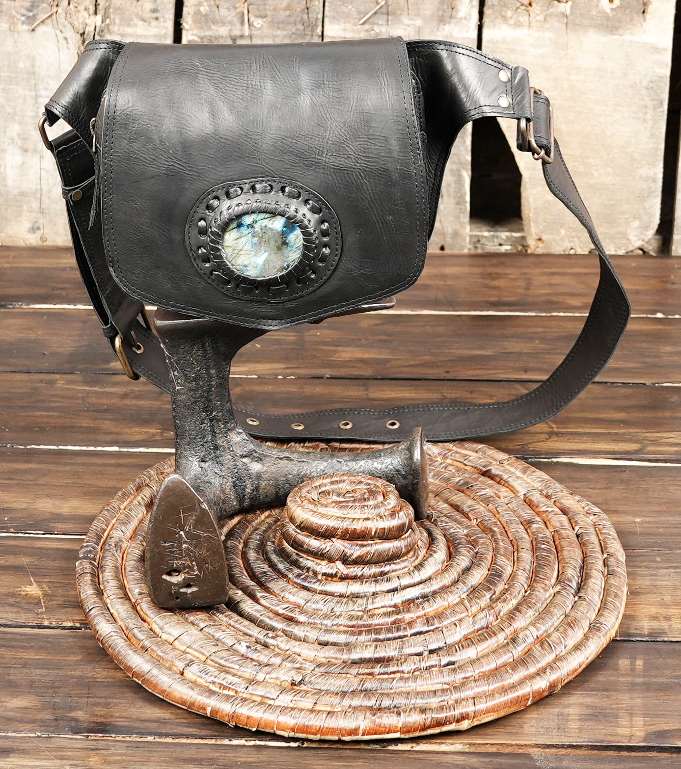 Premium leather hip pouch with artistic stone inlay