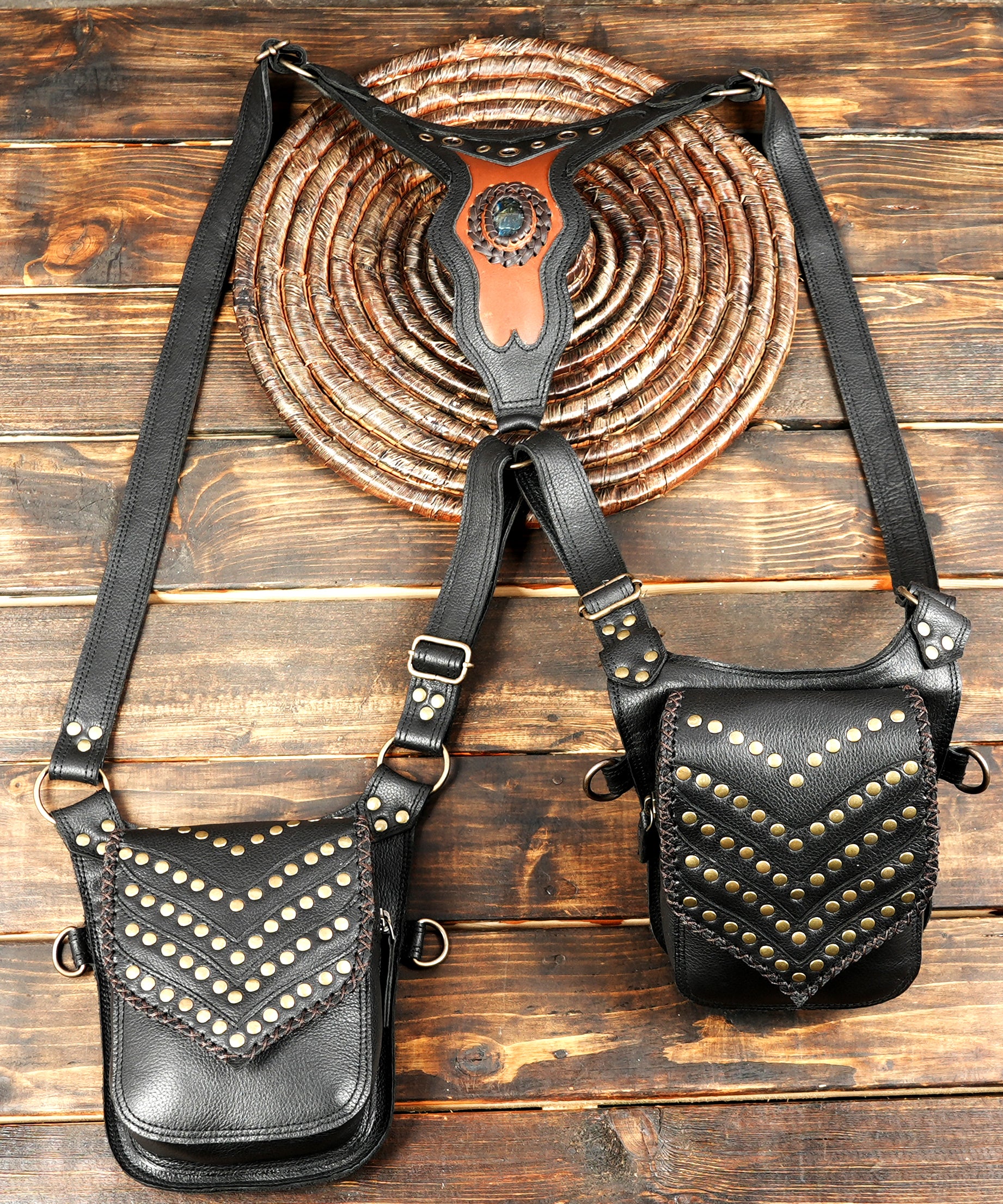 Steampunk leather shoulder harness with stud embellishments