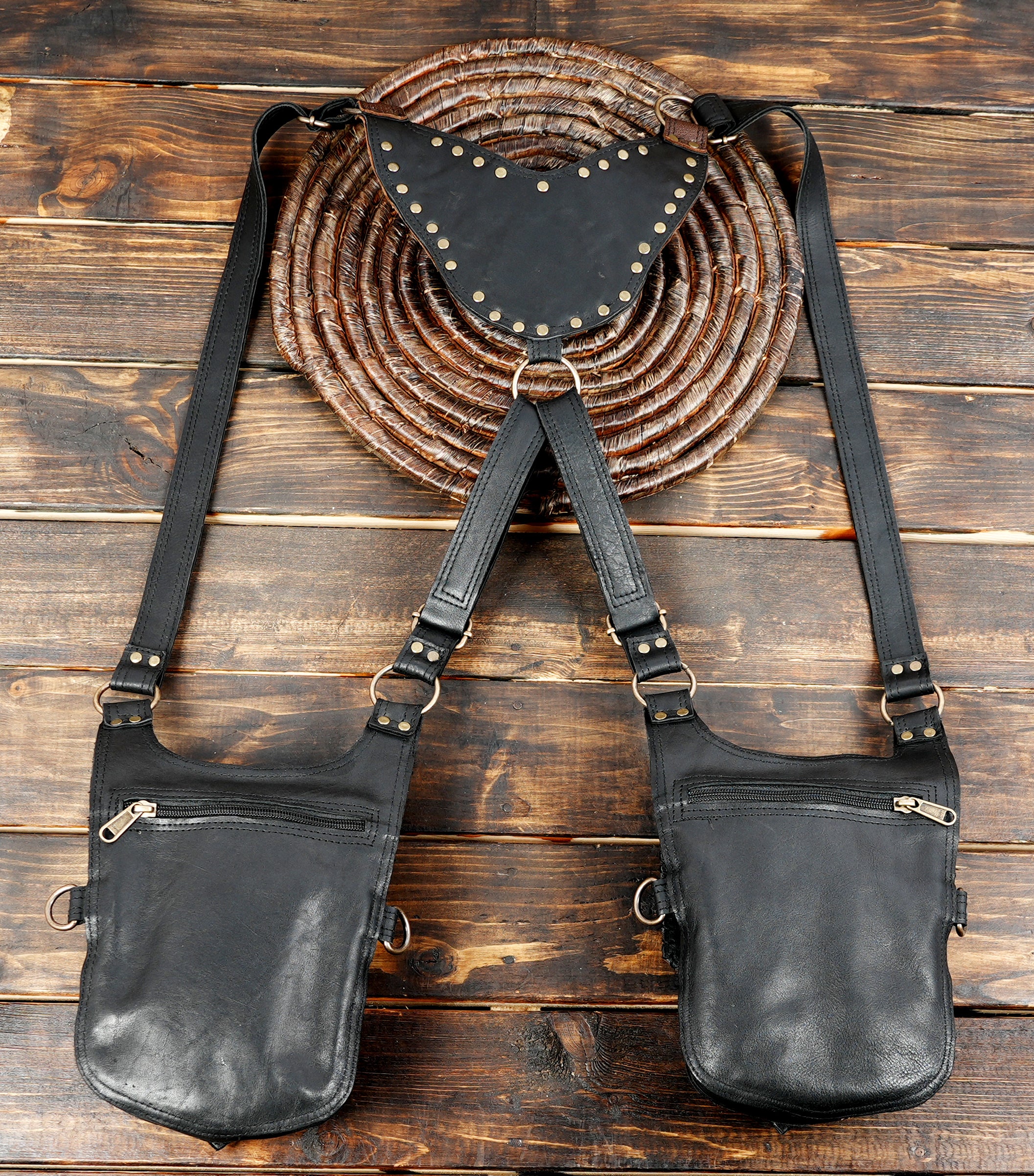 “Handmade Leather Holster Bag with Turquoise Stone ||Handcrafted Gemstone Leather Holster with Dual Pouches (LT-AB-HLS-6087)