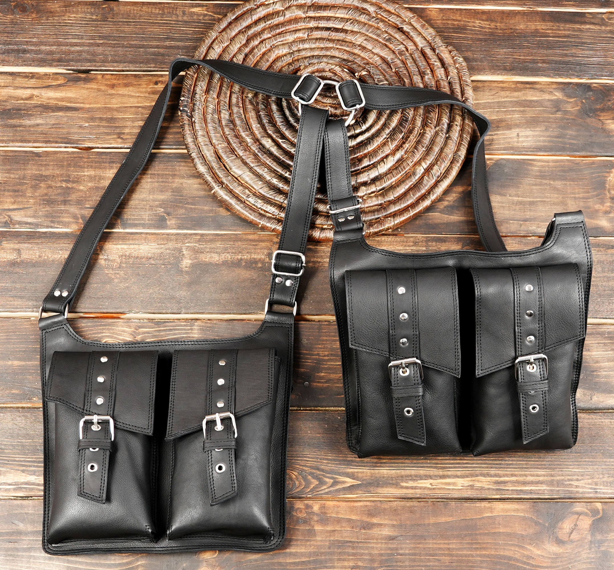 Artisan leather holster with structured double pockets