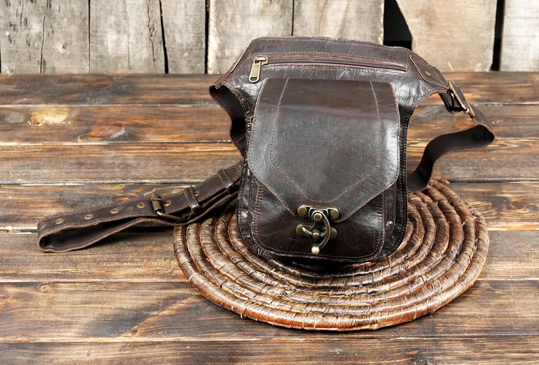 Handmade Leather Waist Belt with Front Pouch || Genuine Leather Waist Belt with Utility Pouch (LT/AB/WB/6171)