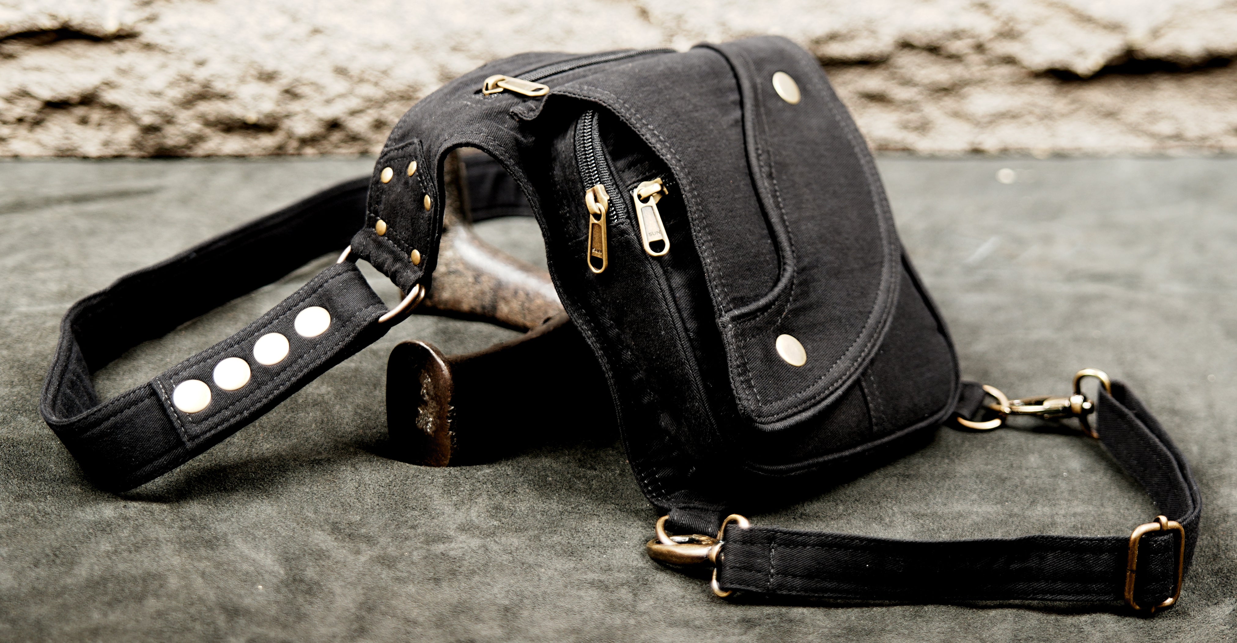 Cosplay and LARP black cotton holster belt bag with thigh strap