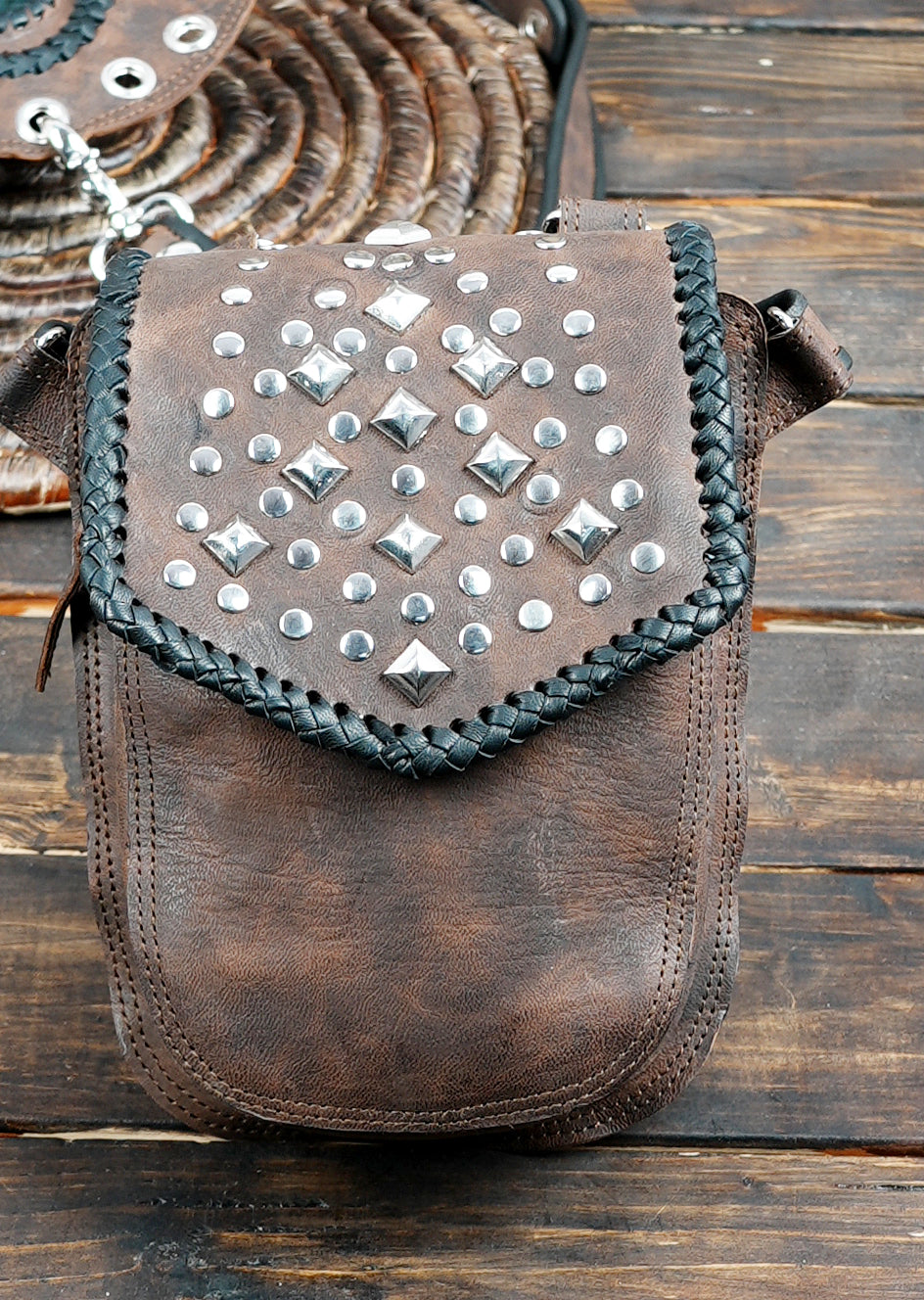 Handcrafted Leather Utility Holster , Unisex Travel Bag with Stone Accent, Black Leather Shoulder Holster burning man, for unisex.