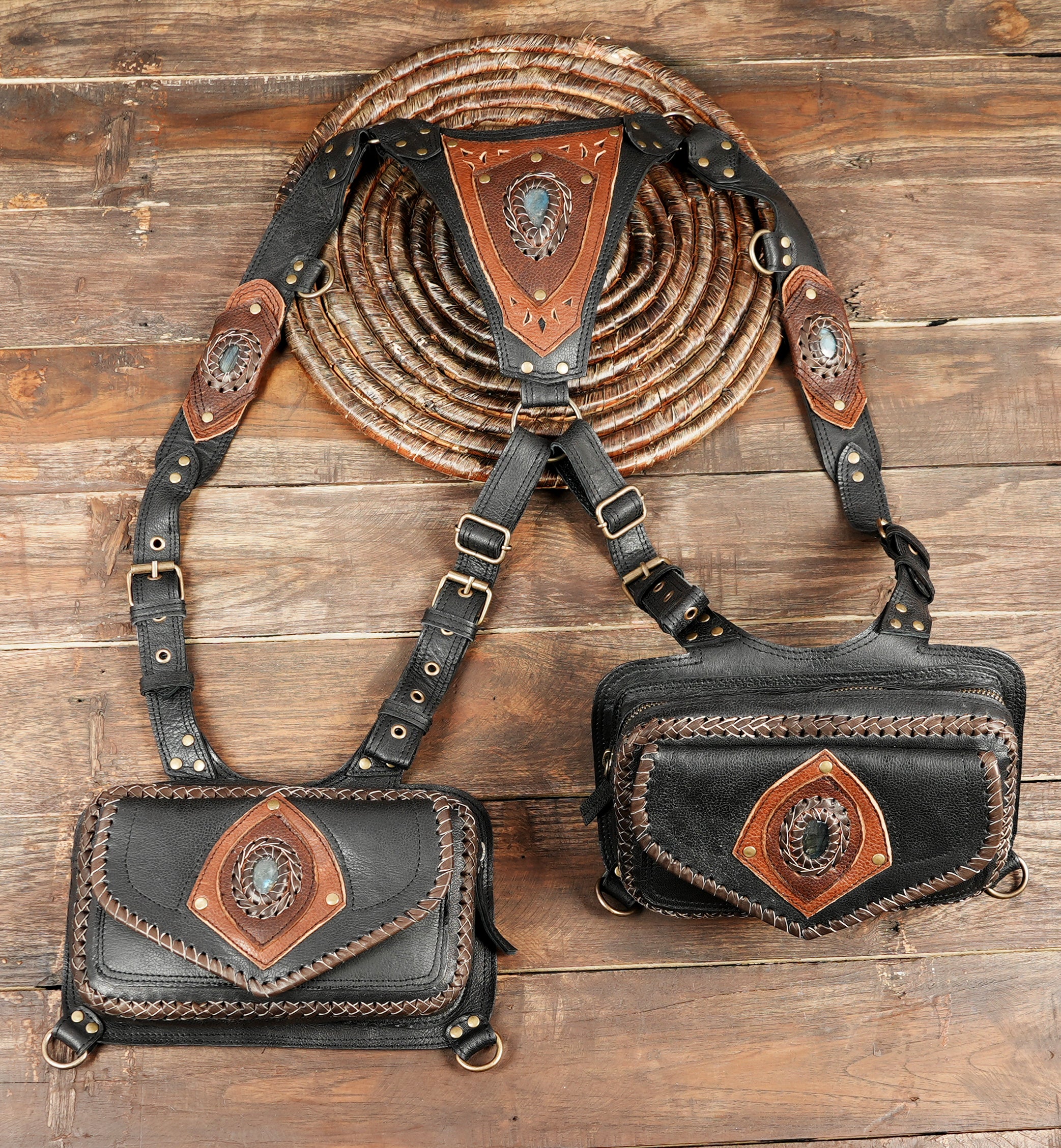 Dual pouch leather utility belt with gemstone design