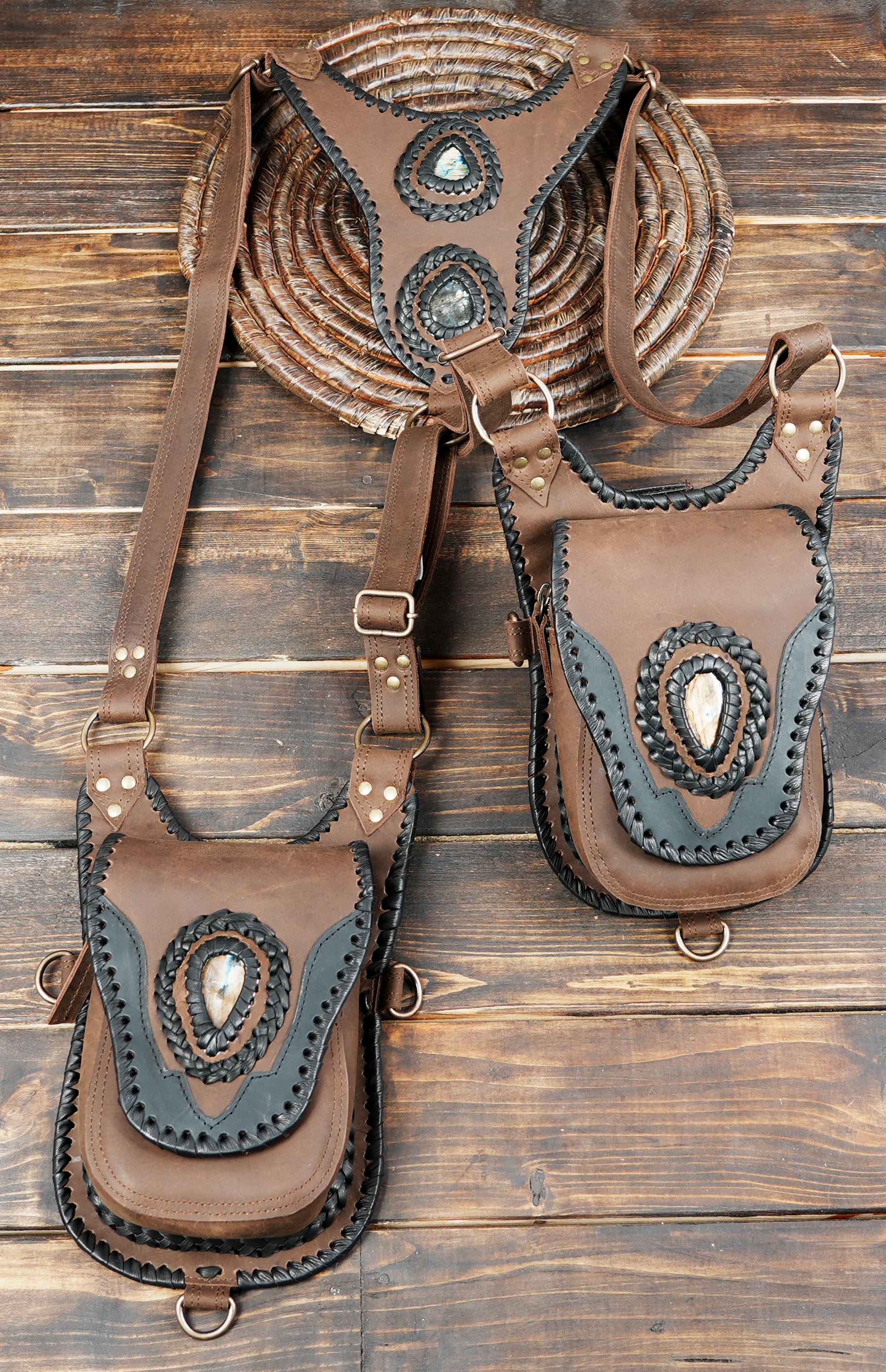 Gothic leather holster with gemstone and rivet detailing