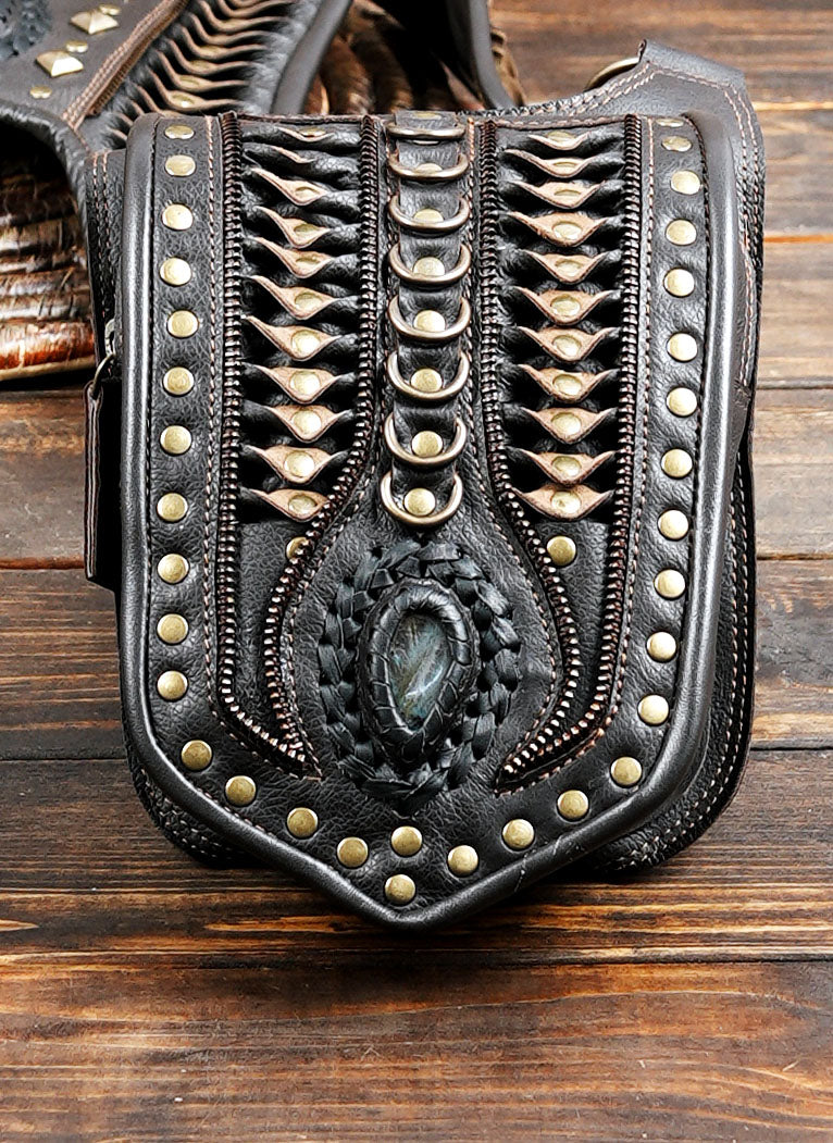 Leather Double Holster Bag with labradorite gems stone , Boho Festival Harness, Handmade Utility Bag