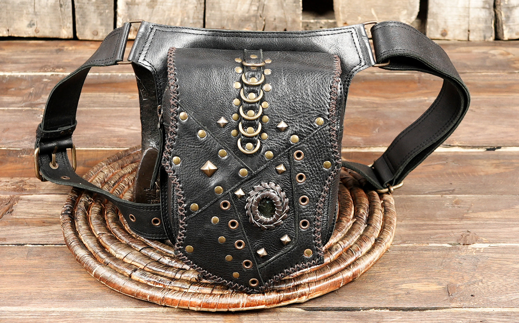 Leather waist belt with front pouch for phone, wallet, and essentials