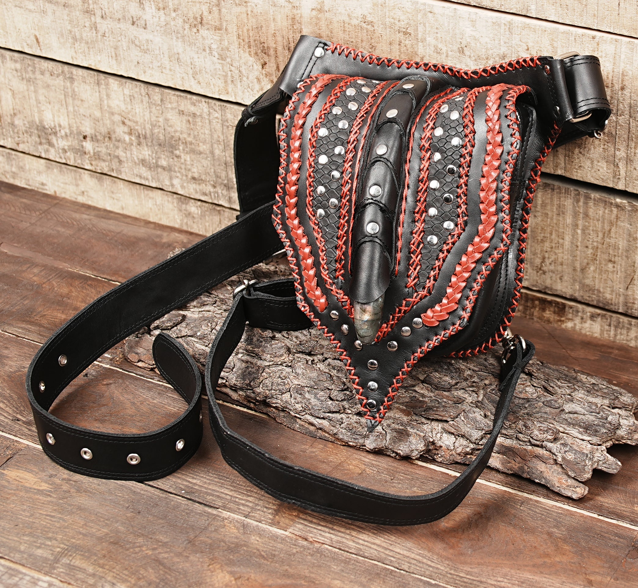 Order Leather Belt Bag - Woven Black With Red Lining with zipper inside 