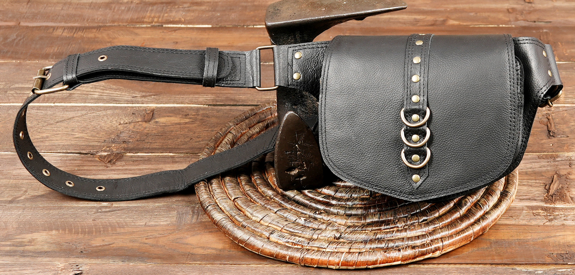 Handmade Black Leather Fringe Belt Bag: Festival Hip Pouch