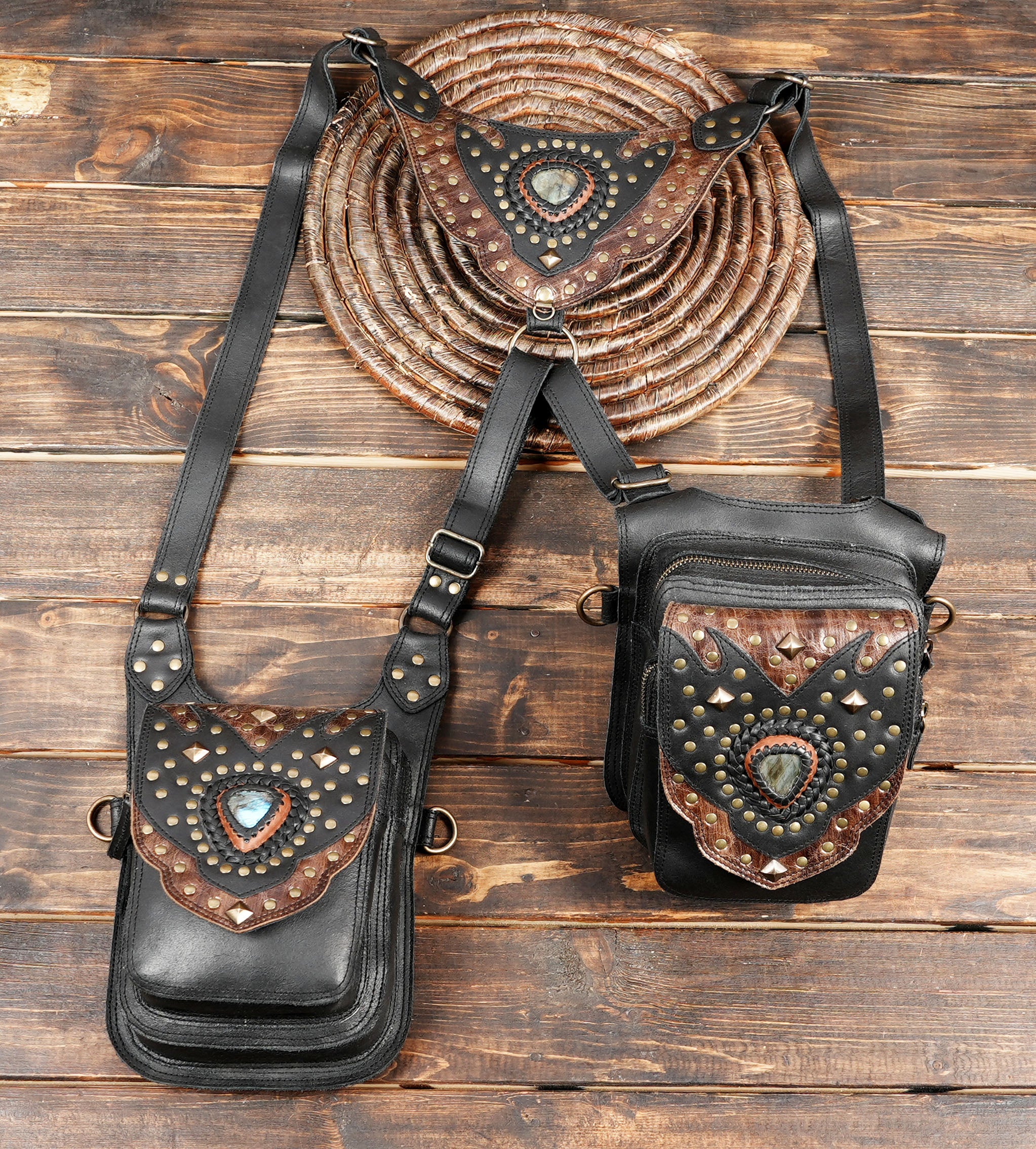 Handcrafted Black Leather Double Holster with Gemstone Accents || Tribal-Inspired Double Leather Holster with Adjustable Strap(LT/AB/HLS/6119)s (