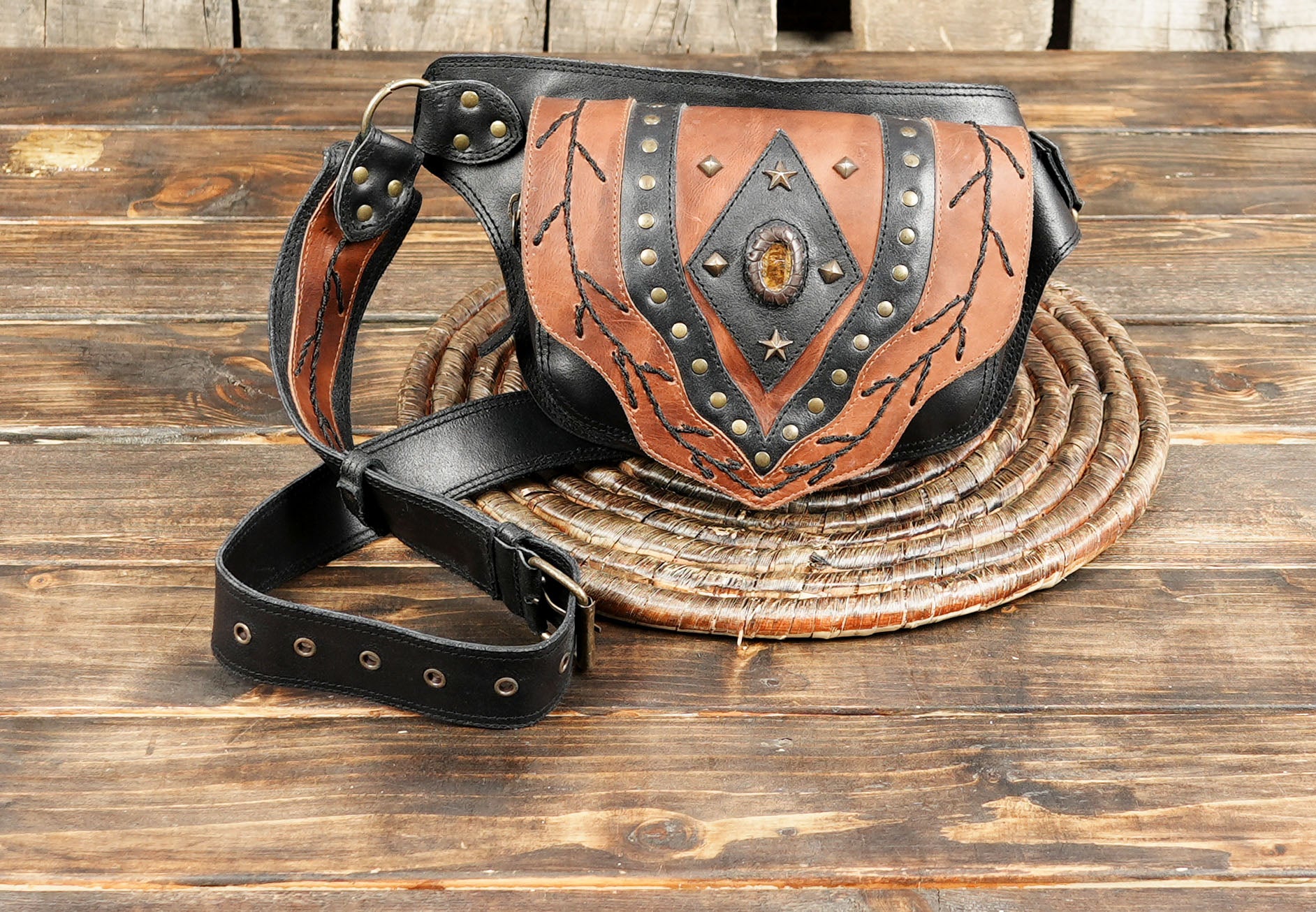 Steampunk cosplay leather waist bag with gemstone detail