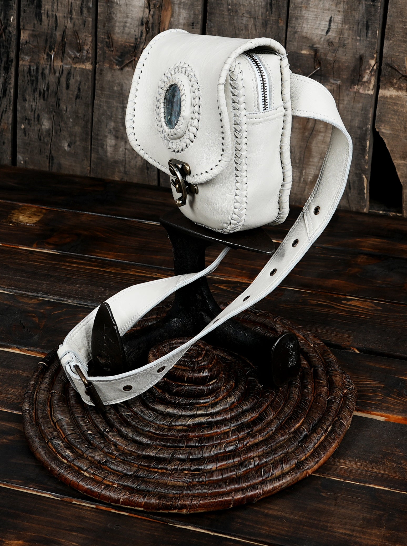 Handmade Black Leather Fringe Waist Bag: Labradorite Gemstone Belt Pouch with metal lock 