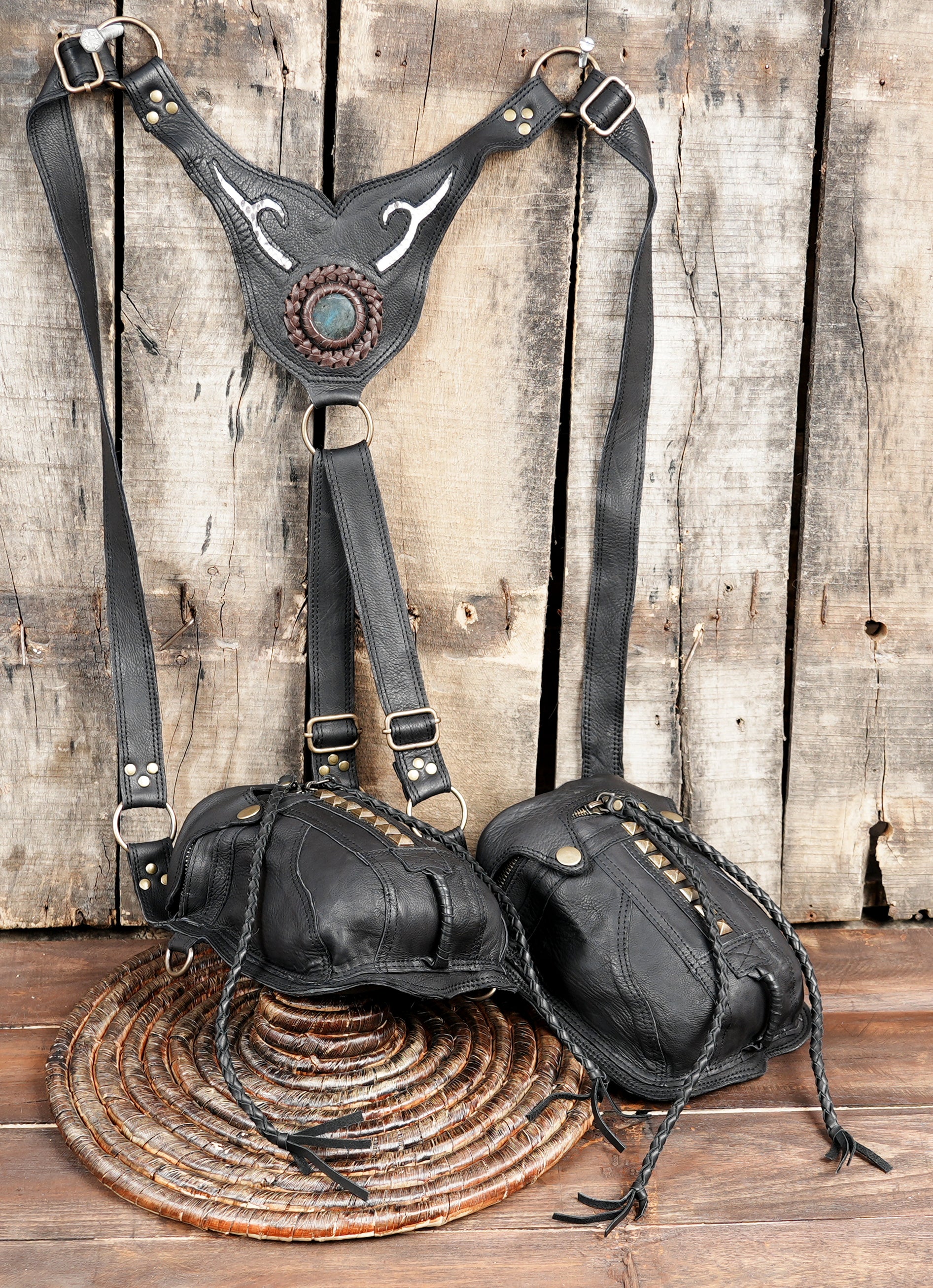 Handmade Genuine Leather Dual Pouch Utility Holster || Tribal Style Leather Chest Holster with Gemstone Accent (LT-AB-HLS-6044)