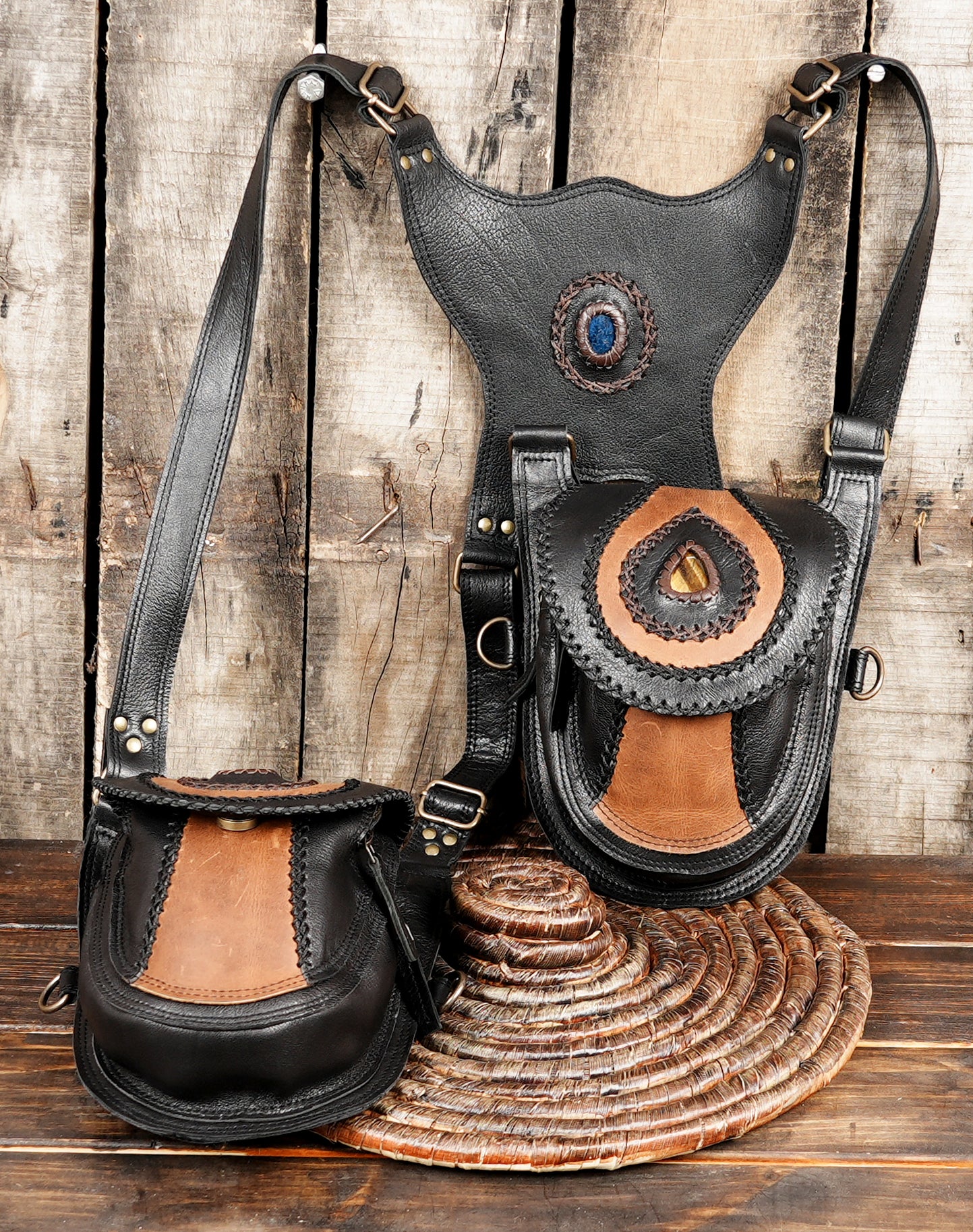 Sleek leather holster bag with round pattern detail