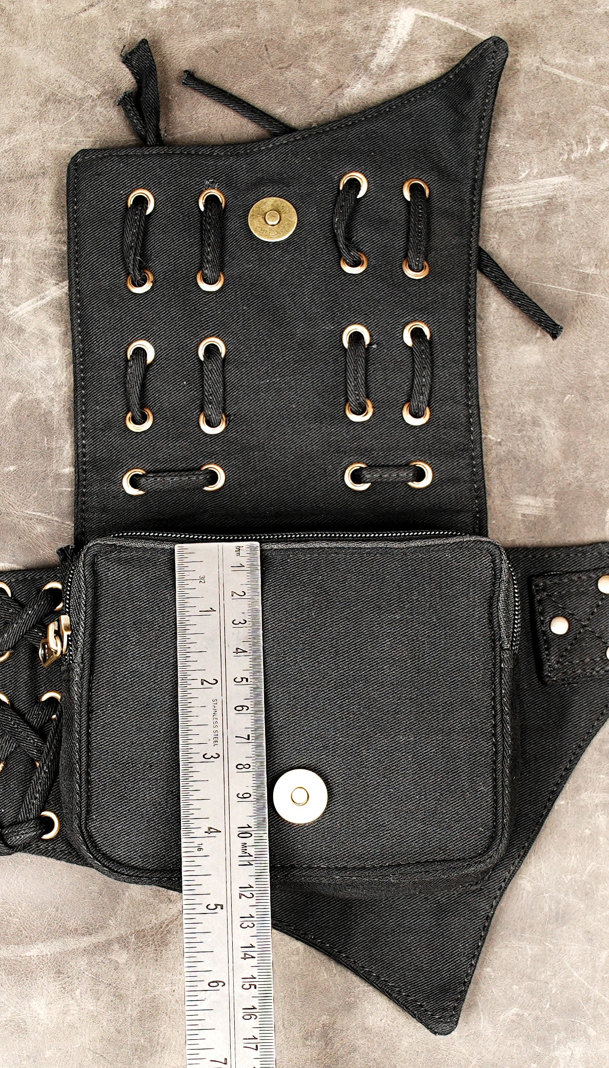 Cotton corset belt bag with brass-tone hardware