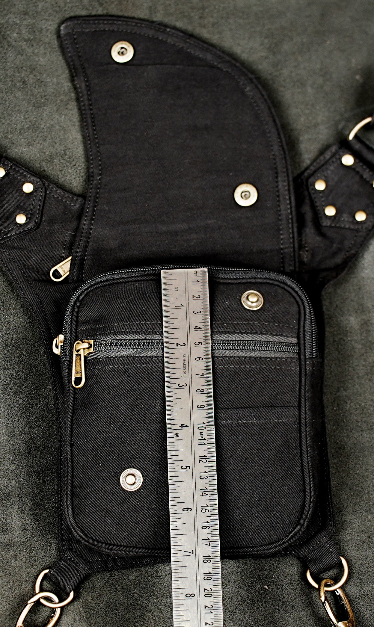 Rave and festival hip holster bag in black cotton with zipper pockets
