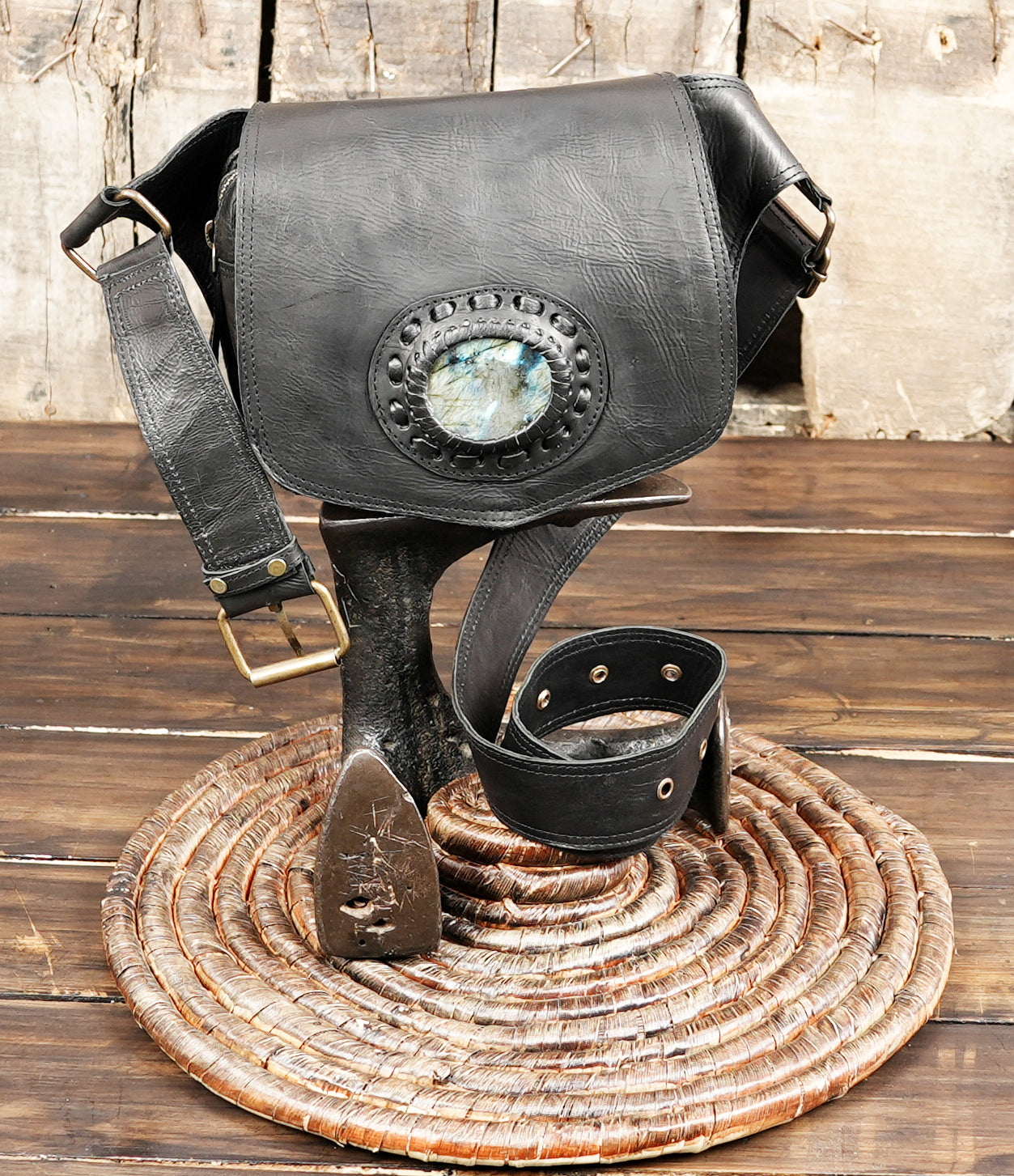 Leather festival waist pouch with gemstone ornament