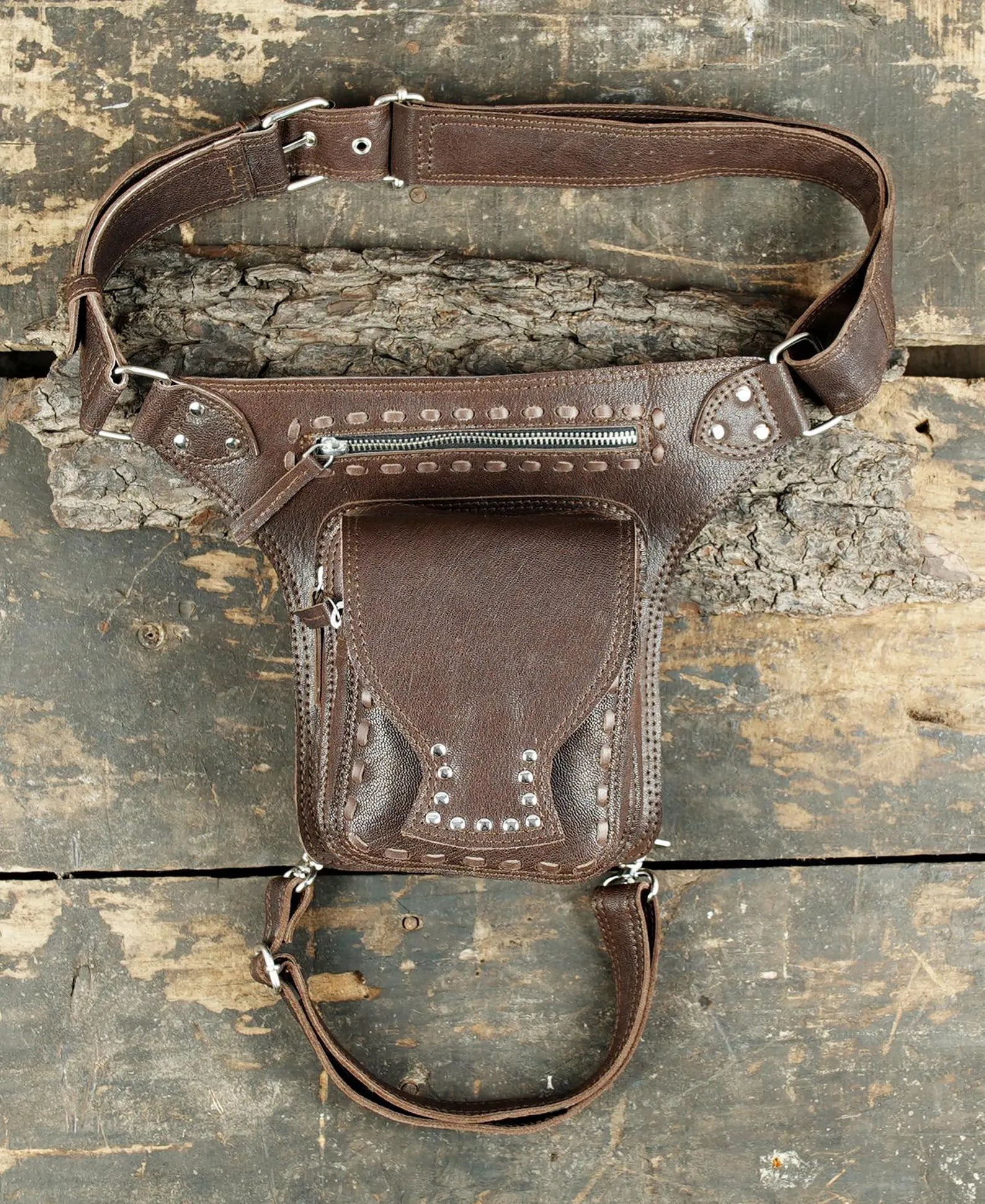 Handmade Leather Leg Bag Holster with Utility Pouch and Silver Hardware