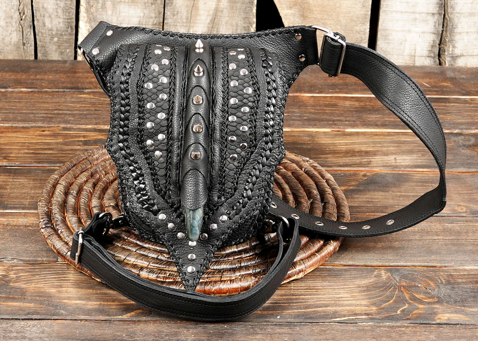 Western gothic utility leg bag with silver rivets and zippers
