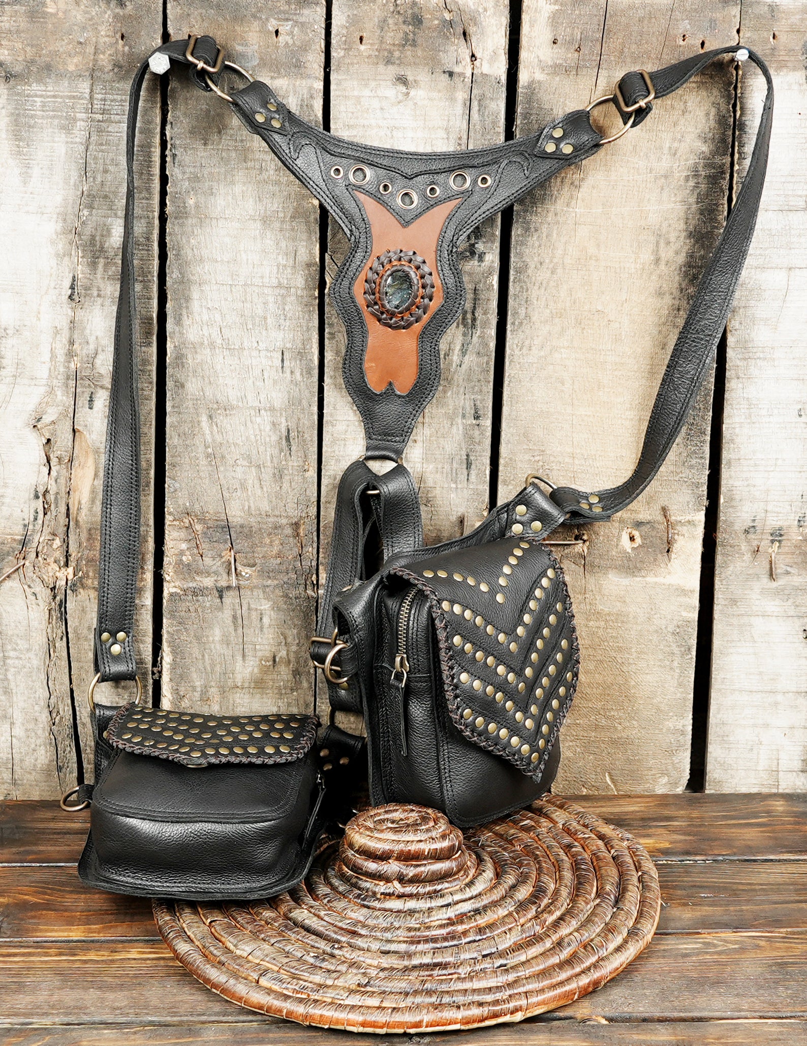 Adjustable leather holster with decorative front panel stone