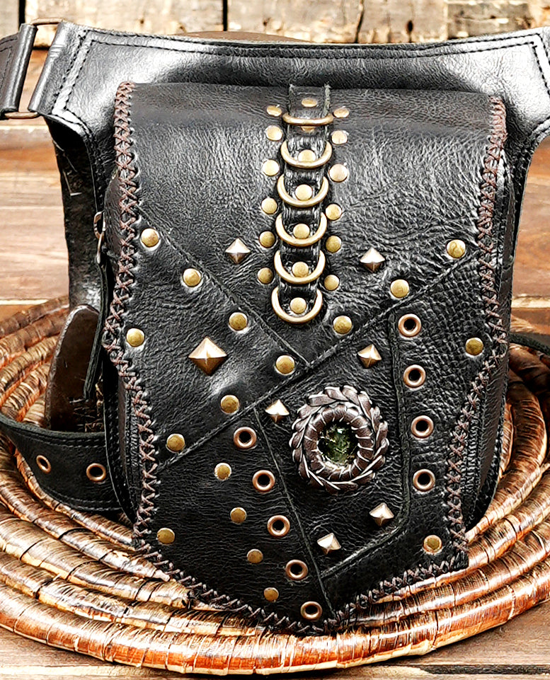 Festival leather waist belt with studded design and utility pouch